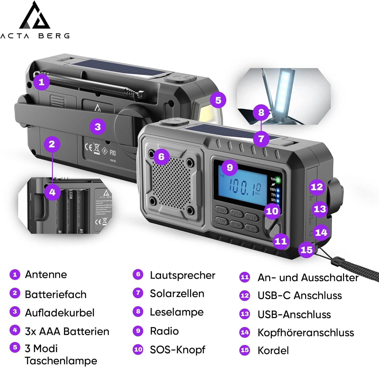 Acta Berg Kurbelradio Notfallradio mit 5000-mAh-Akku (Grau) | AM/FM/SW USB-batteriebetriebene Notfallausrüstung für Stromausfälle, integrierte Taschenlampe, Handy-Ladegerät – Bild 2