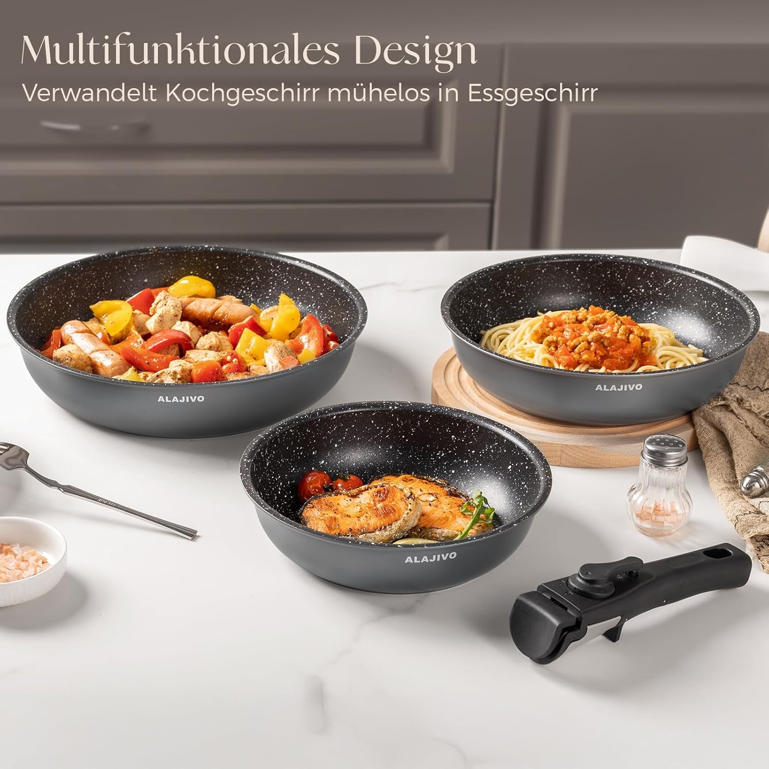 Pfannenset mit abnehmbarem Griff, Induktionspfannen, Bratpfanne mit Antihaftbeschichtung, 7-teiliges Set, 20 + 24 + 28 cm Platzsparpfannen, Pfannenset für alle Herdarten, Spülmaschinen, ofenfest (Grau) – Bild 7