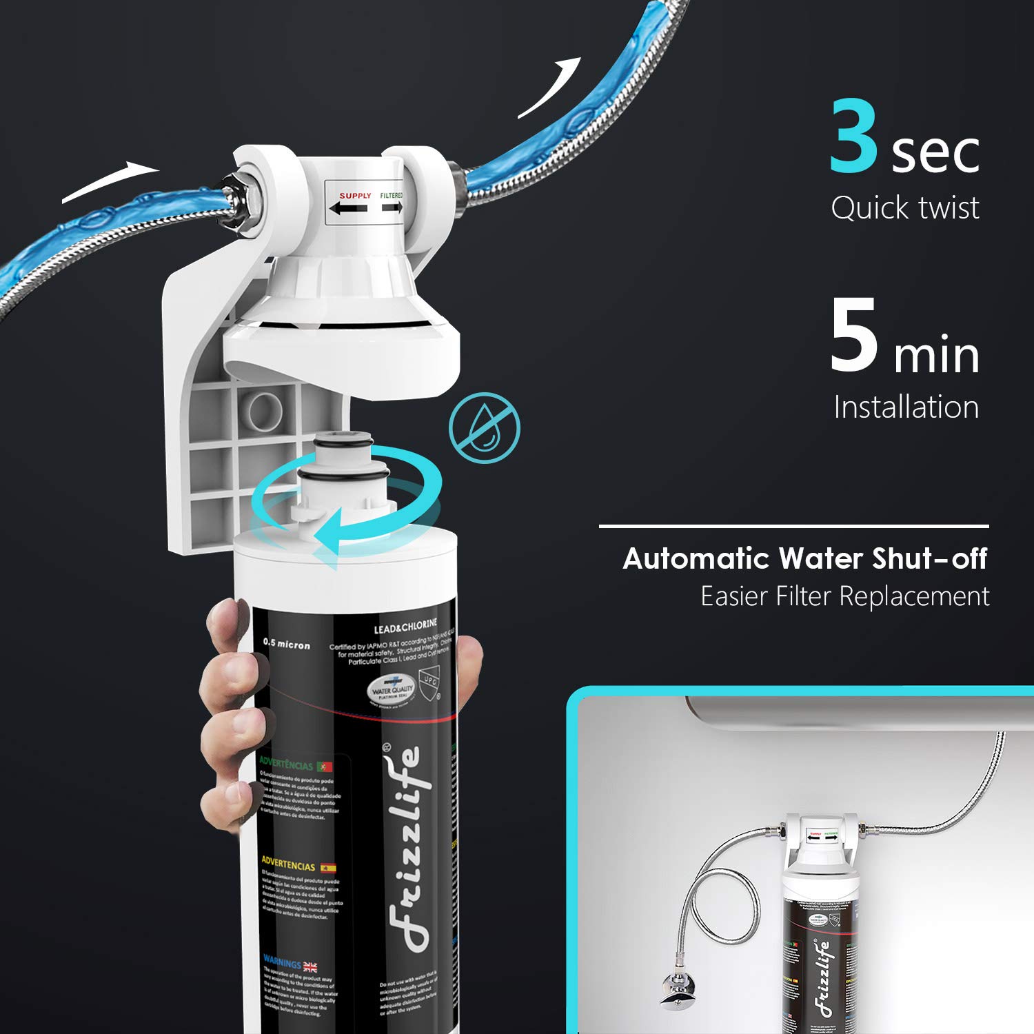 Frizzlife Untertisch-Wasserfilter 0,5 Mikron, entfernt 99,99 % Blei und Chlor, NSF/ANSI 42 & 53 zertifiziert, Anti-Kalk-Technologie für längere Filterlebensdauer – Bild 3