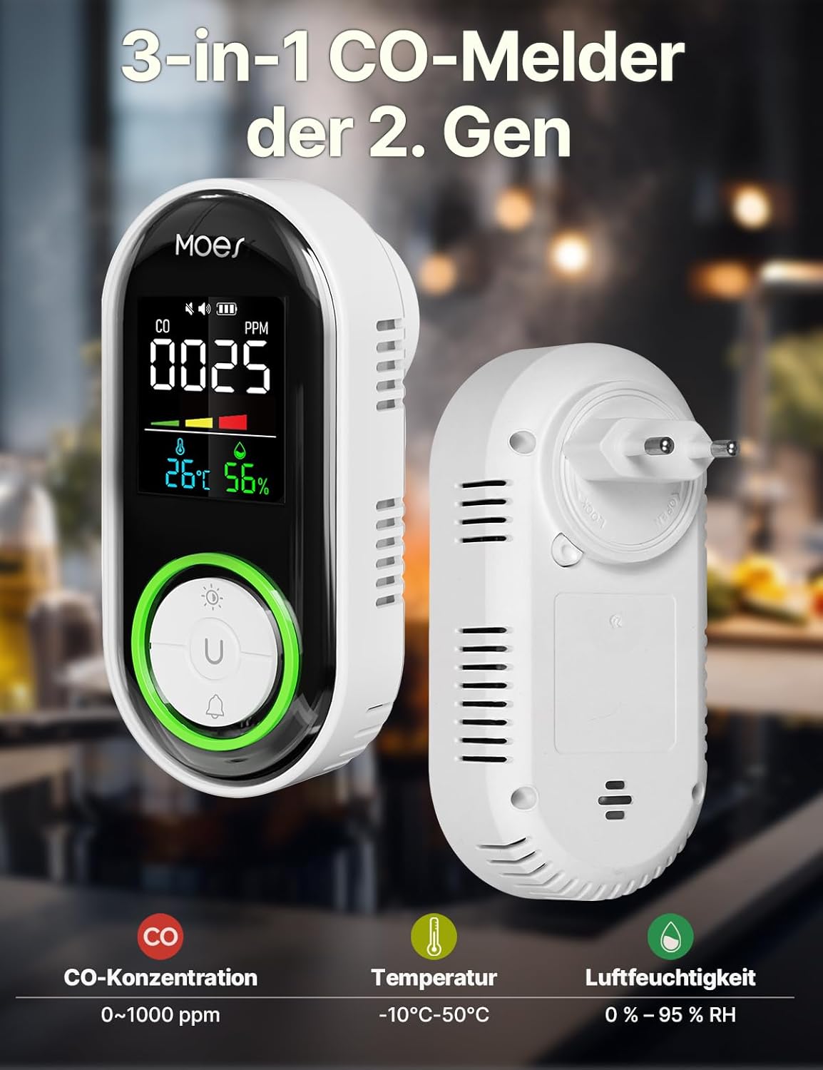 MOES Kohlenmonoxidmelder für Steckdose mit 1000 mAh Akku, 3-in-1 CO-Melder mit akustischem 85-dB-Alarm, Temperatur- & Luftfeuchtigkeitsanzeige, CO-Warngerät für Zuhause, Reisen und Wohnmobil – Bild 5