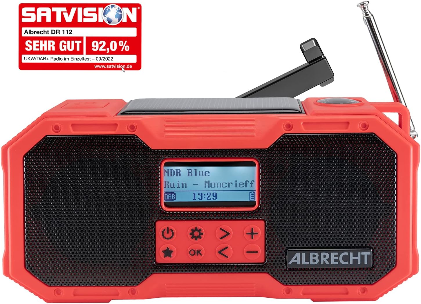 Albrecht DR 112, tragbares DAB+/FM Outdoor-Kurbelradio, 27911, SOS-Notruf, Taschenlampe, Solarmodul, PowerBank, IPX5-Wasserschutz – Bild 2