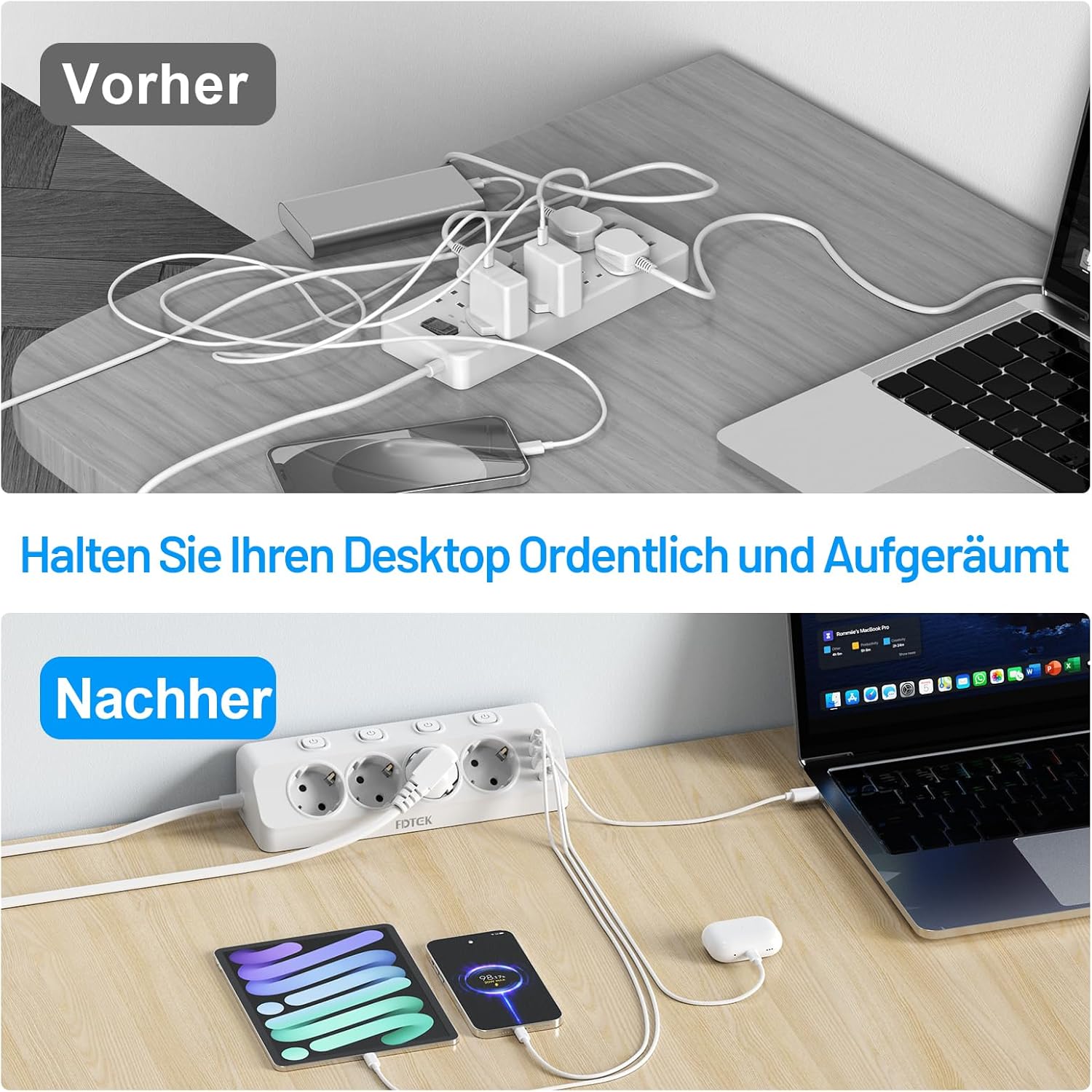 PD 20W Tischsteckdose mit USB C, 4-fach Ecksteckdosenleiste, Schreibtisch mit einzeln schaltbar, FDTEK Ecksteckdose 4000W 16A, Mehrfachsteckdose, Flachstecker, Überspannungsschutz, 2m für Küche, Büro – Bild 7