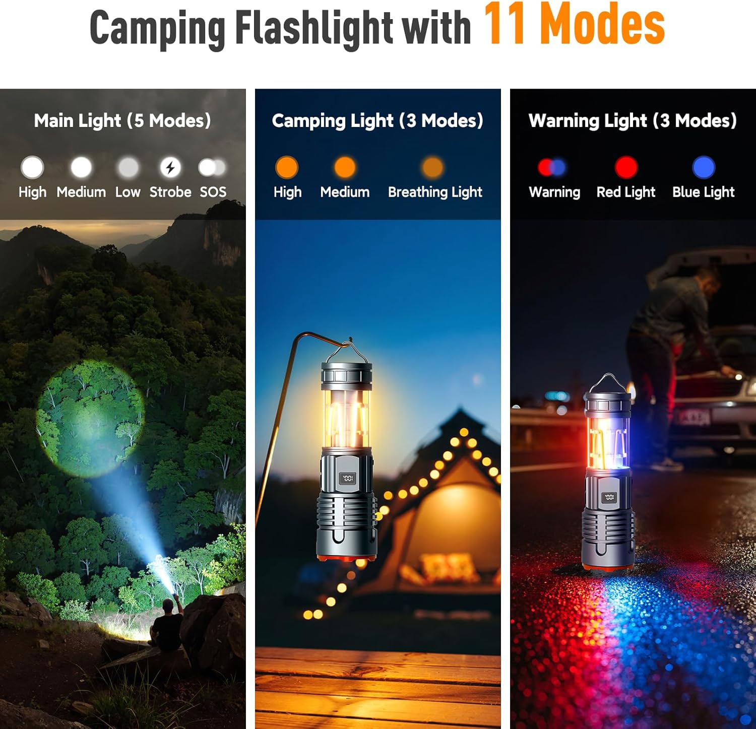 GEARLITE LED-Taschenlampe, extrem hell, wiederaufladbare LED-Taschenlampe mit Campinglicht, 11 Leuchtmodi, lange Laufzeit, IP65 wasserdicht, taktische Taschenlampe für Camping, Outdoor, Notfälle – Bild 3