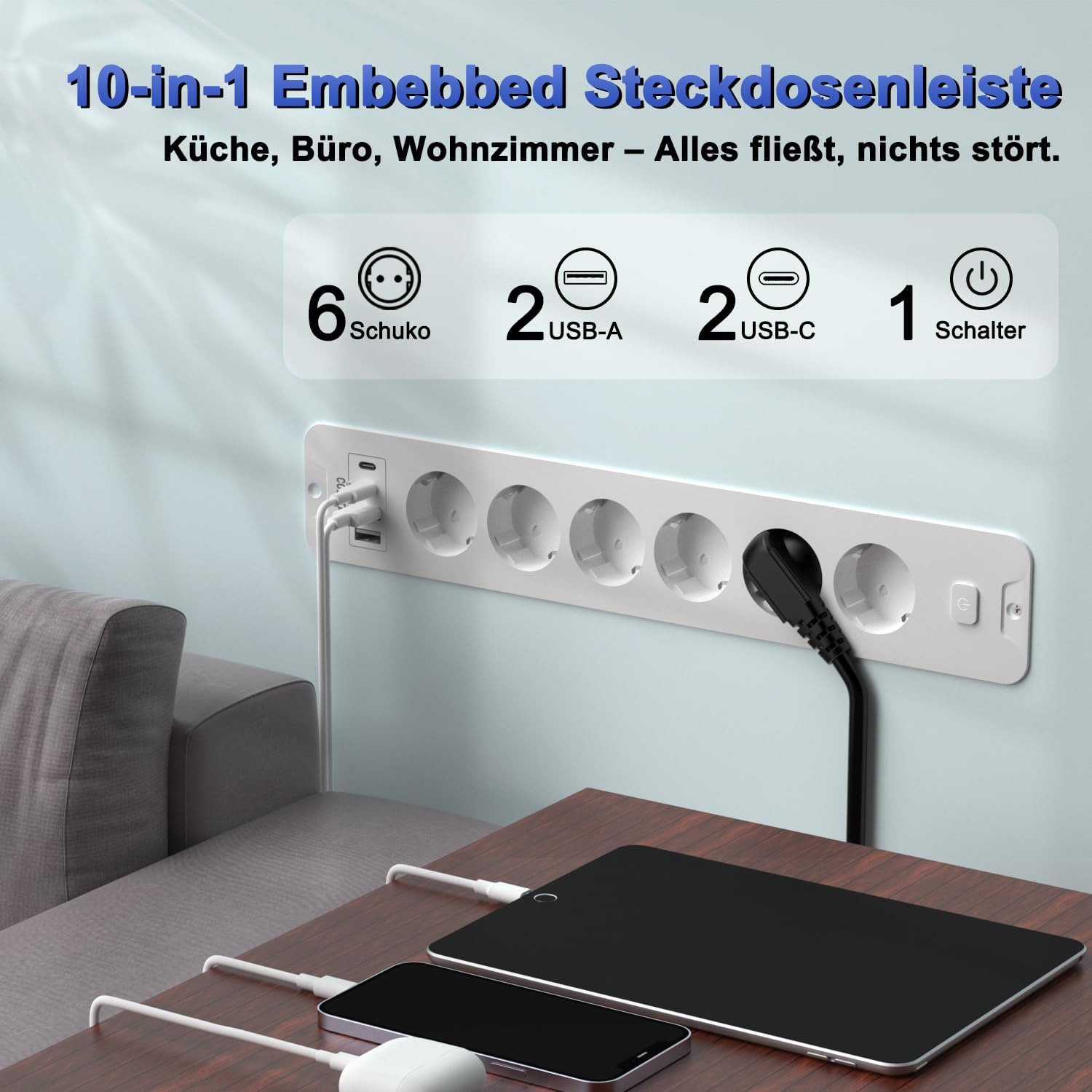 Ausziehbare Steckdosenleiste 6-fach mit 4 USB (2 USB-C, 2 USB-A), 16 A, 2 m Kabel, Energiesparschalter – unsichtbare Steckdose für einen sauberen Schreibtisch – Bild 2