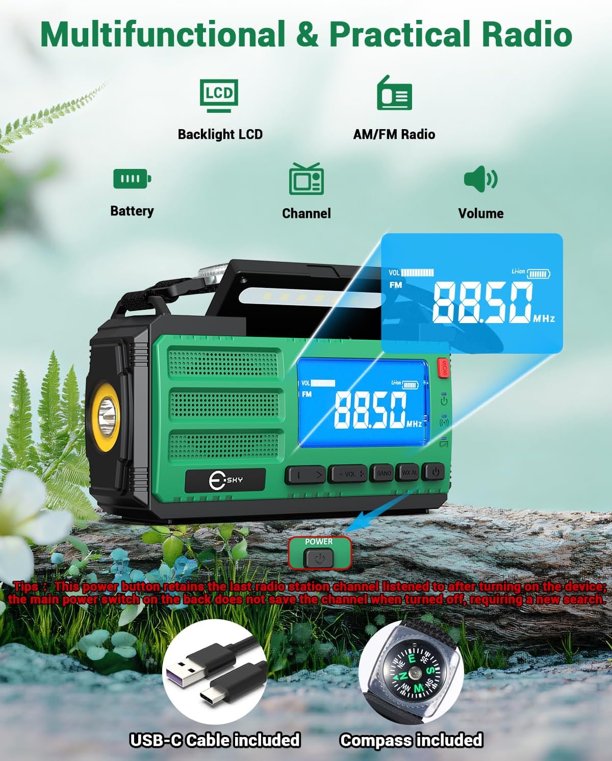 Esky Kurbelradio, 10000 mAh Solar-Notfallradio mit wiederaufladbarem AM/FM-Weltempfänger, USB-Ladegerät, LED-Taschenlampe und Leselicht, SOS-Alarm und Kompass, tragbar für Camping, Notfall, Verdunkelung, Geschenkidee – Bild 4