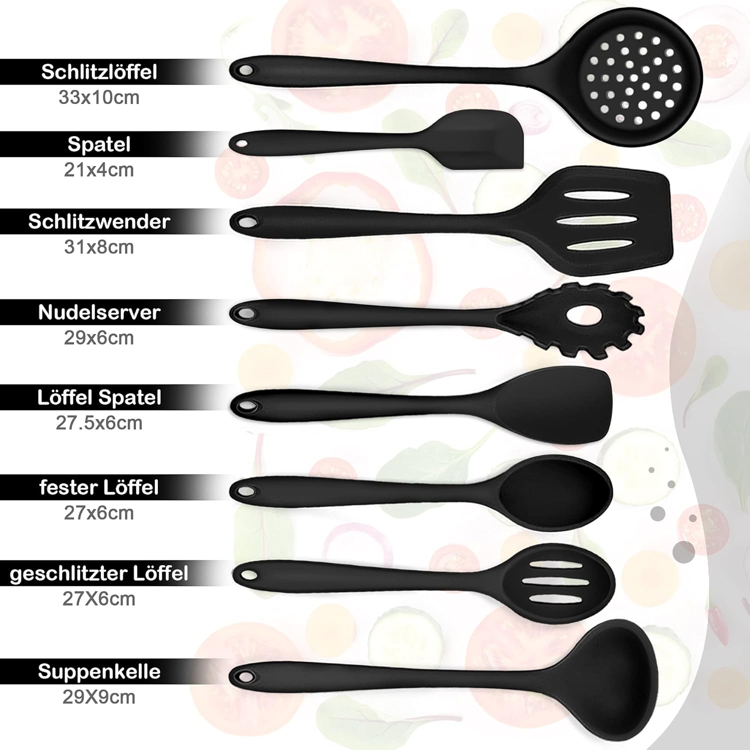 Herogo Küchenutensilien-Set, 8-teiliges Kochbesteck-Set aus Silikon, antihaftbeschichtet, hitzebeständig, Küchenutensilien, Kochgeschirr mit Silikonspatel/Löffel/Spachtel/Schöpfkelle – Schwarz – Bild 5
