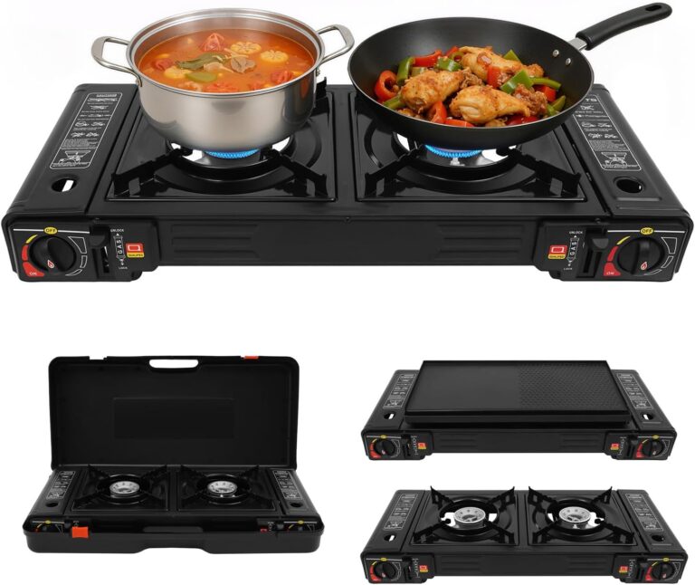 Campingkocher Gaskocher 2-Brenner mit Grillplatte & Tragetasche, Outdoor-Gaskocher tragbarer Gaskocher Camping, 2500 W pro Brenner, eingebautes Überdruckschutzventil, Piezo-Zündung