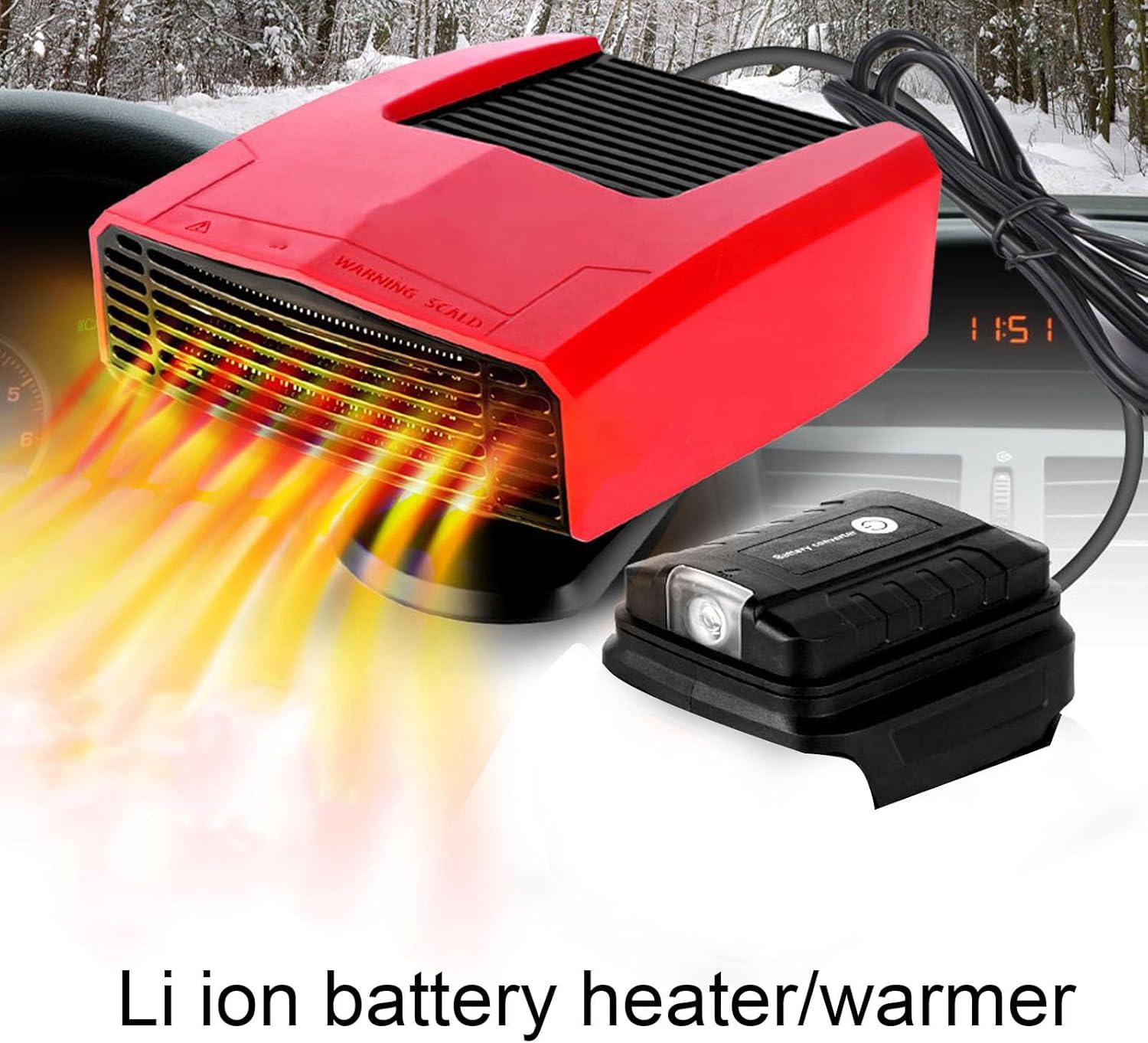 Fockety Batteriebetriebene Heizung, tragbare leise Heizung für kleine Räume mit Licht, USB-Anschluss und Thermostat, wiederaufladbarer Autofenster-Entfroster für Autos, Büro – Bild 2