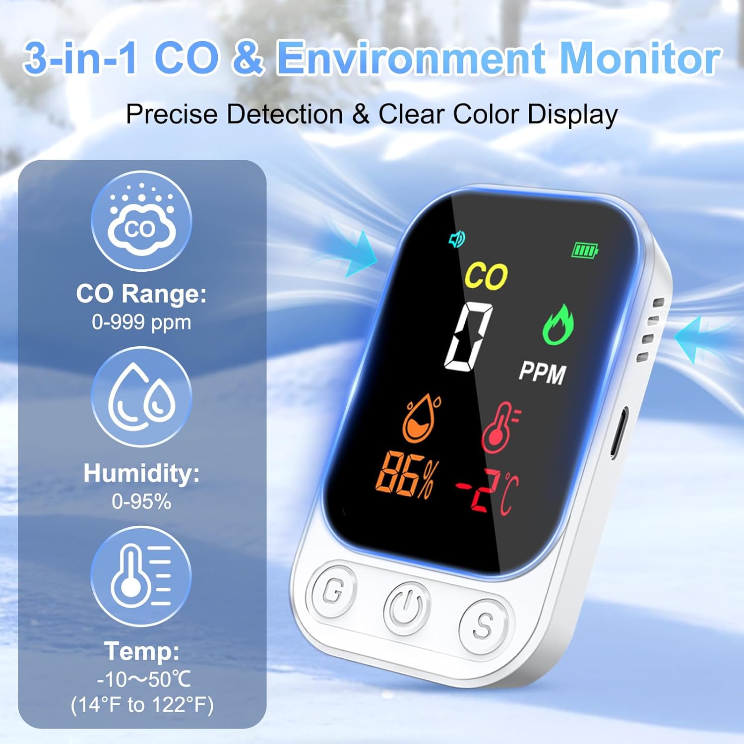 RealPlus 3-in-1-Kohlenmonoxidmelder, tragbar, CO-Detektor, Temperatur, Luftfeuchtigkeit, mit 85-dB-Alarm, wiederaufladbar, mit Ständer und Montageloch für Reisen, Camping, Hotel, Wohnmobil, Wandern – Bild 2