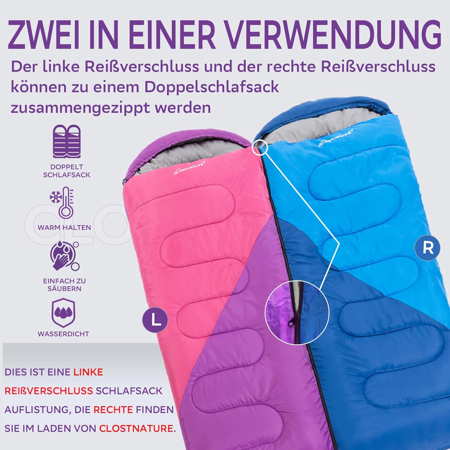 Clostnature Leichter Schlafsack für Camping – Outdoor Casual Deckenschlafsäcke mit kleinem Packmaß für Erwachsene, Damen, Herren, Wandern, Sport, Bergsteigen (linker Reißverschluss) – Bild 4