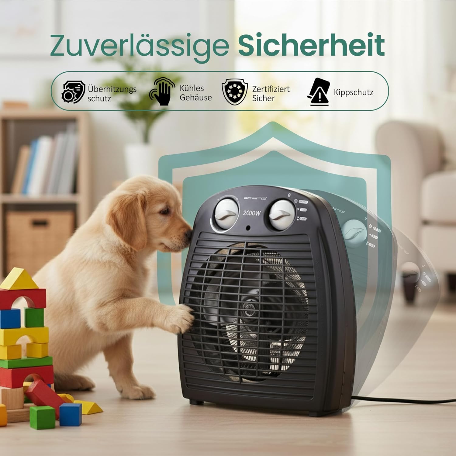 Emerio FH-106737.2, Note 1.5, kleiner kompakter tragbarer Heizlüfter für 25 m², 2 Heizleistungen + Lüfterfunktion, einstellbarer Thermostat, Sicherheitsschalter, Griff, 2000 Watt, Anthrazit – Bild 6