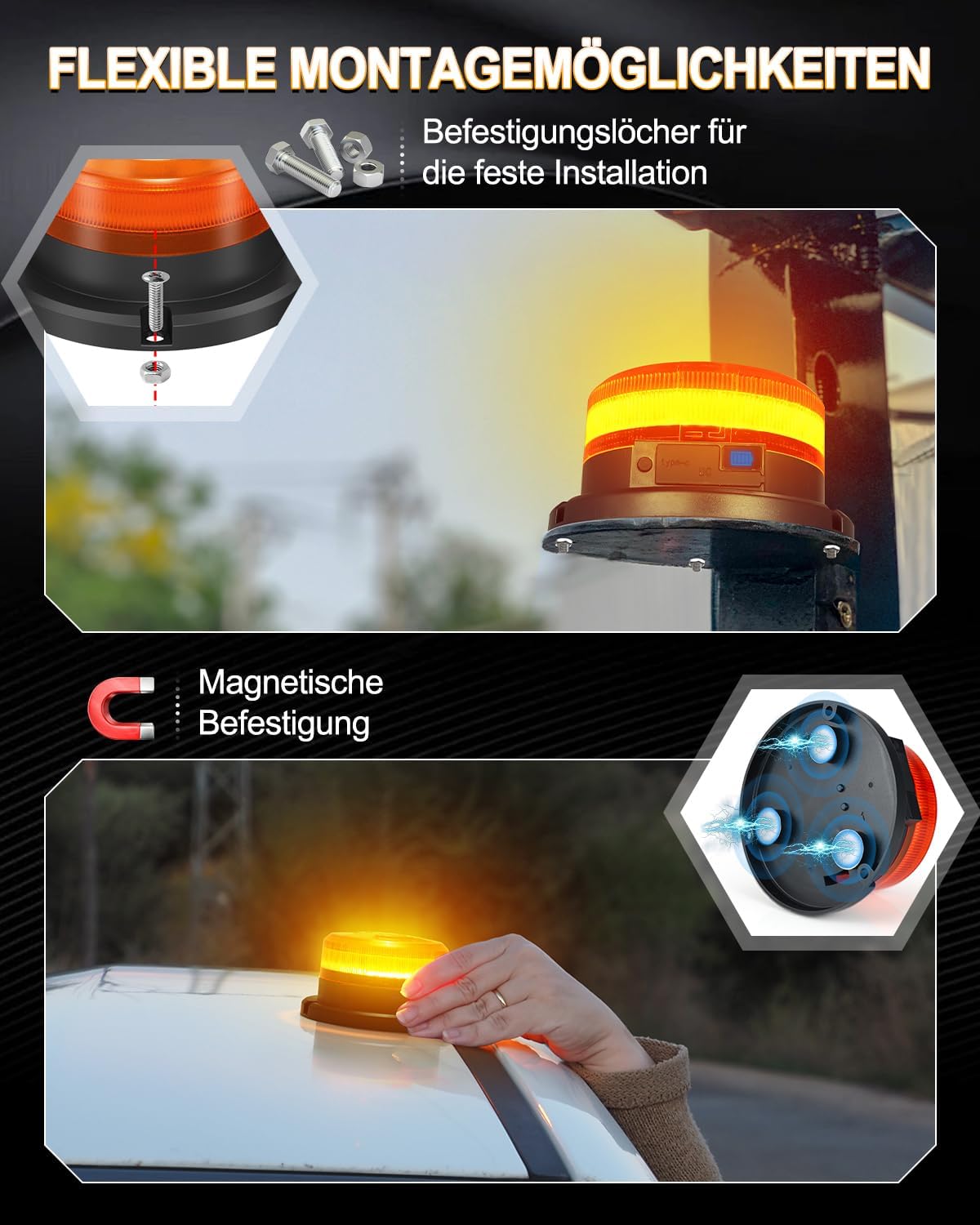 Dinfu Rotierender Akku mit Display, 9 Blinkmodi, LED-Blitzlicht, 12 V, magnetisches orangefarbenes Warnlicht mit Auto-Ladegerät und USB-Kabel für Auto, LKW, Traktor, Golfwagen, SUV – Bild 4
