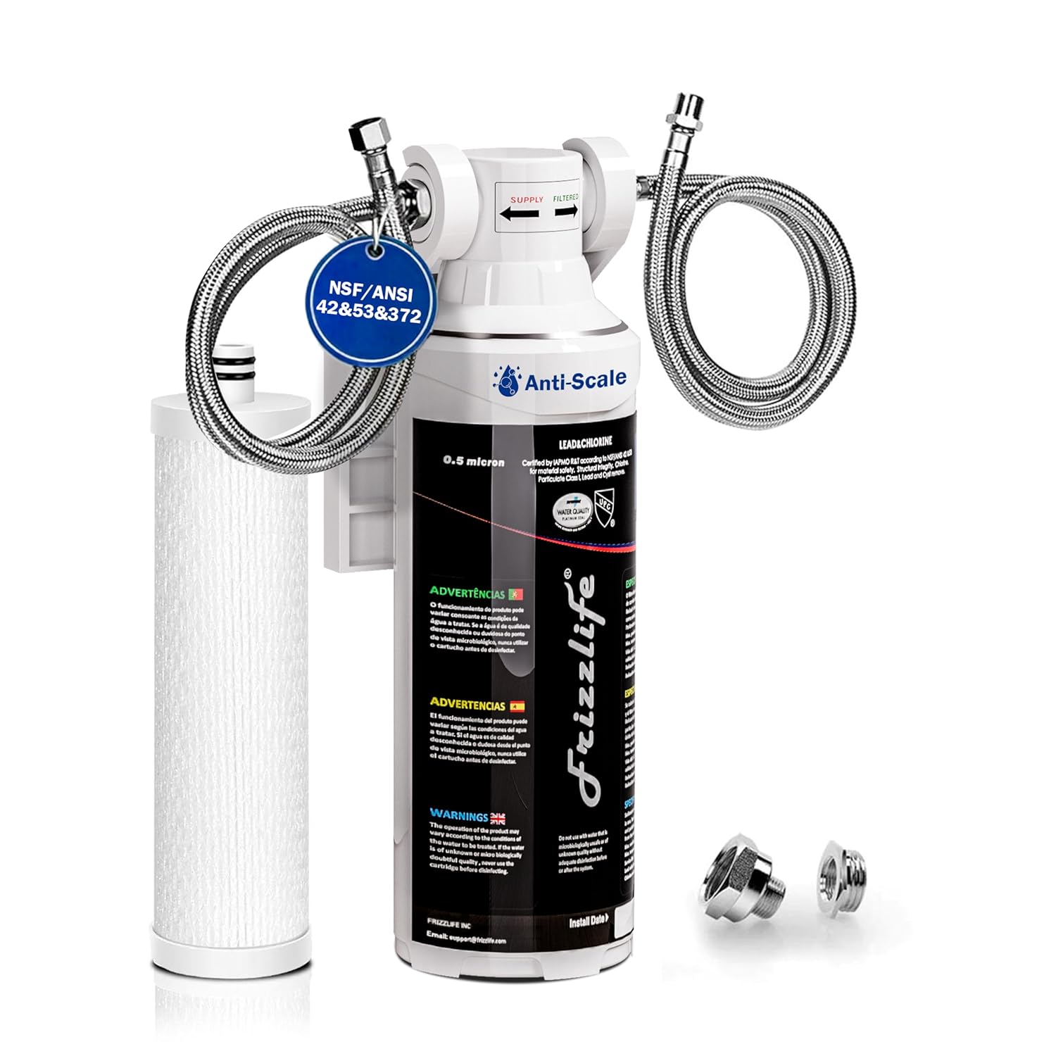 Frizzlife Untertisch-Wasserfilter 0,5 Mikron, entfernt 99,99 % Blei und Chlor, NSF/ANSI 42 & 53 zertifiziert, Anti-Kalk-Technologie für längere Filterlebensdauer