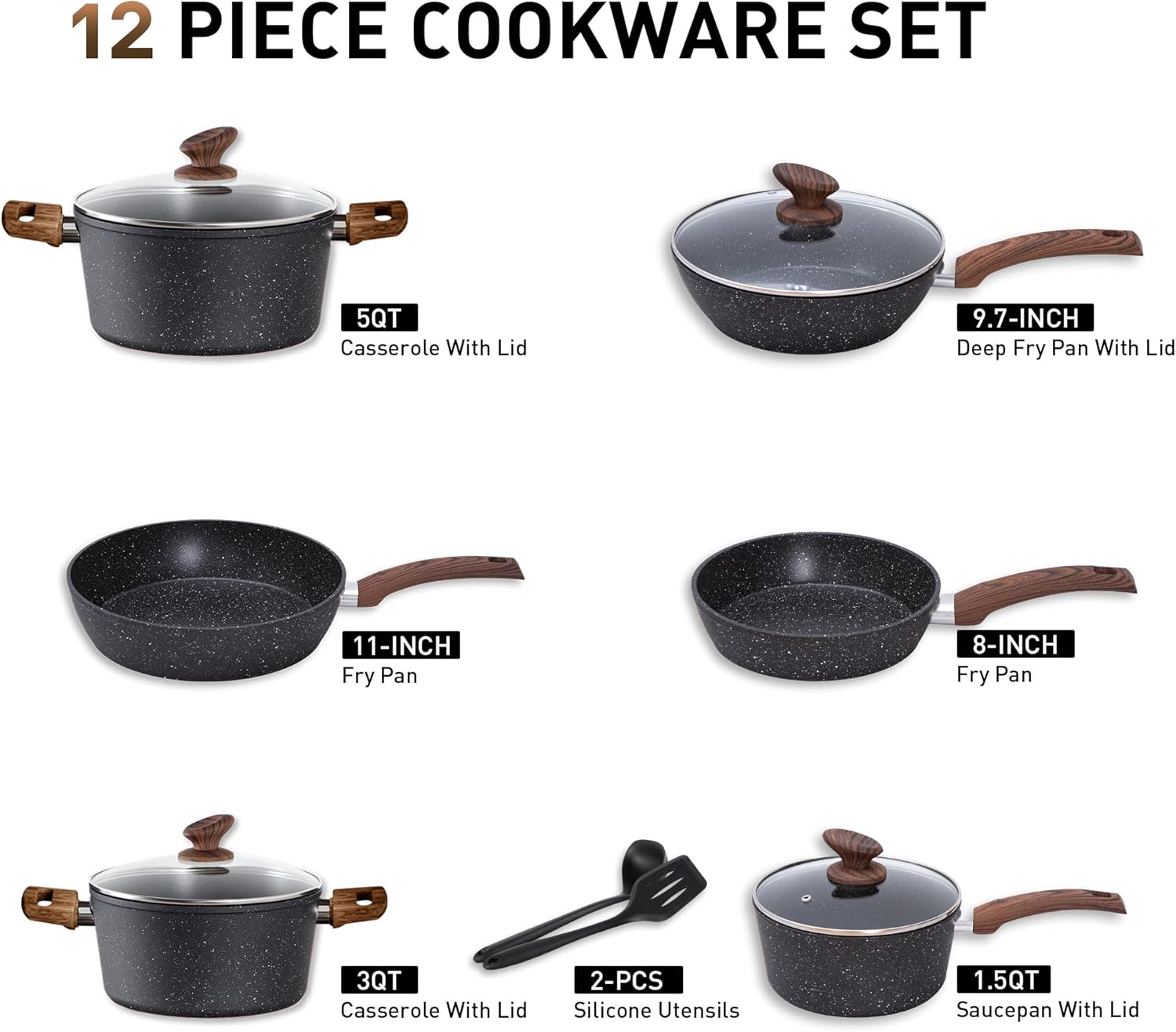 Kitchen Academy Topf- und Pfannenset 12-teilig, antihaftbeschichtet | Kochgeschirr-Set mit Deckel, Töpfen und Pfannen-Set für Induktion, Gasherd und Mikrowelle, Schwarz – Bild 2