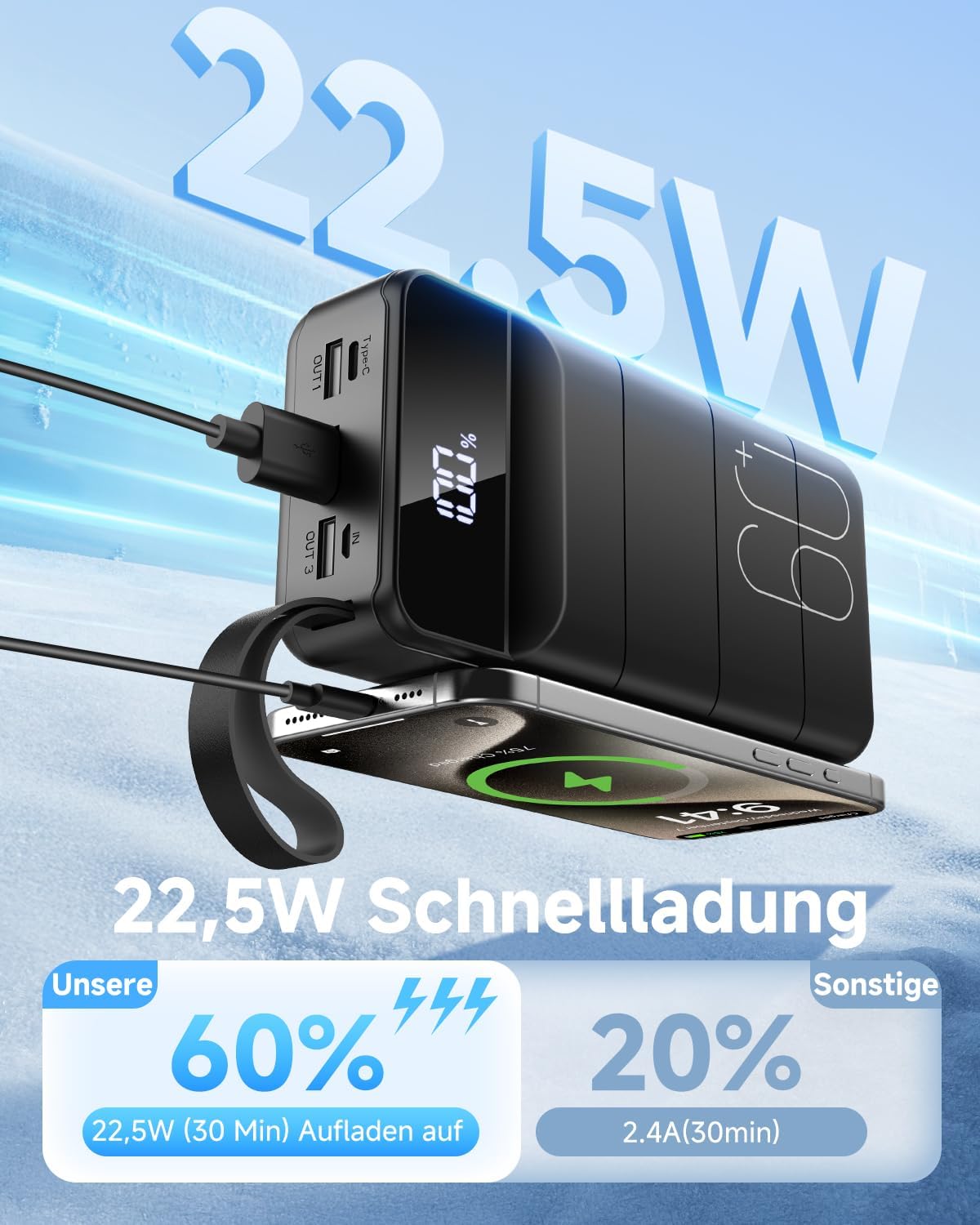 60.000 mAh Powerbank 22,5 W Powerbank PD USB-C Schnellladefunktion Externer Akku mit 4 Ausgängen und 2 Eingängen, kompatibel mit Smartphone, Tablets, Tablet etc. Schwarz – Bild 2