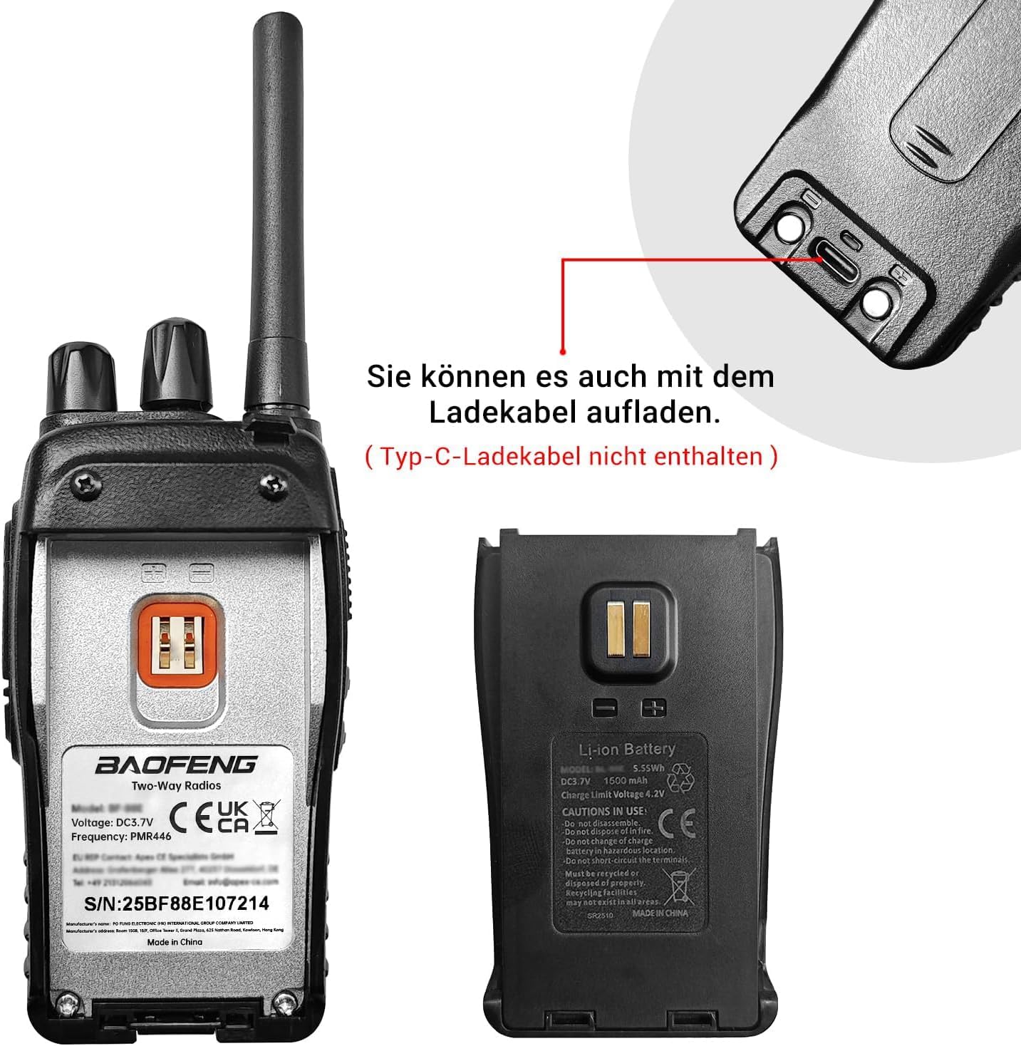 Professionelles Walkie-Talkie für Erwachsene mit großer Reichweite, wiederaufladbarem Akku, 16-Kanal-Funkgerät, USB-Ladegerät und Ohrhörer mit VOX (schwarz, 1 Paar) – Bild 4