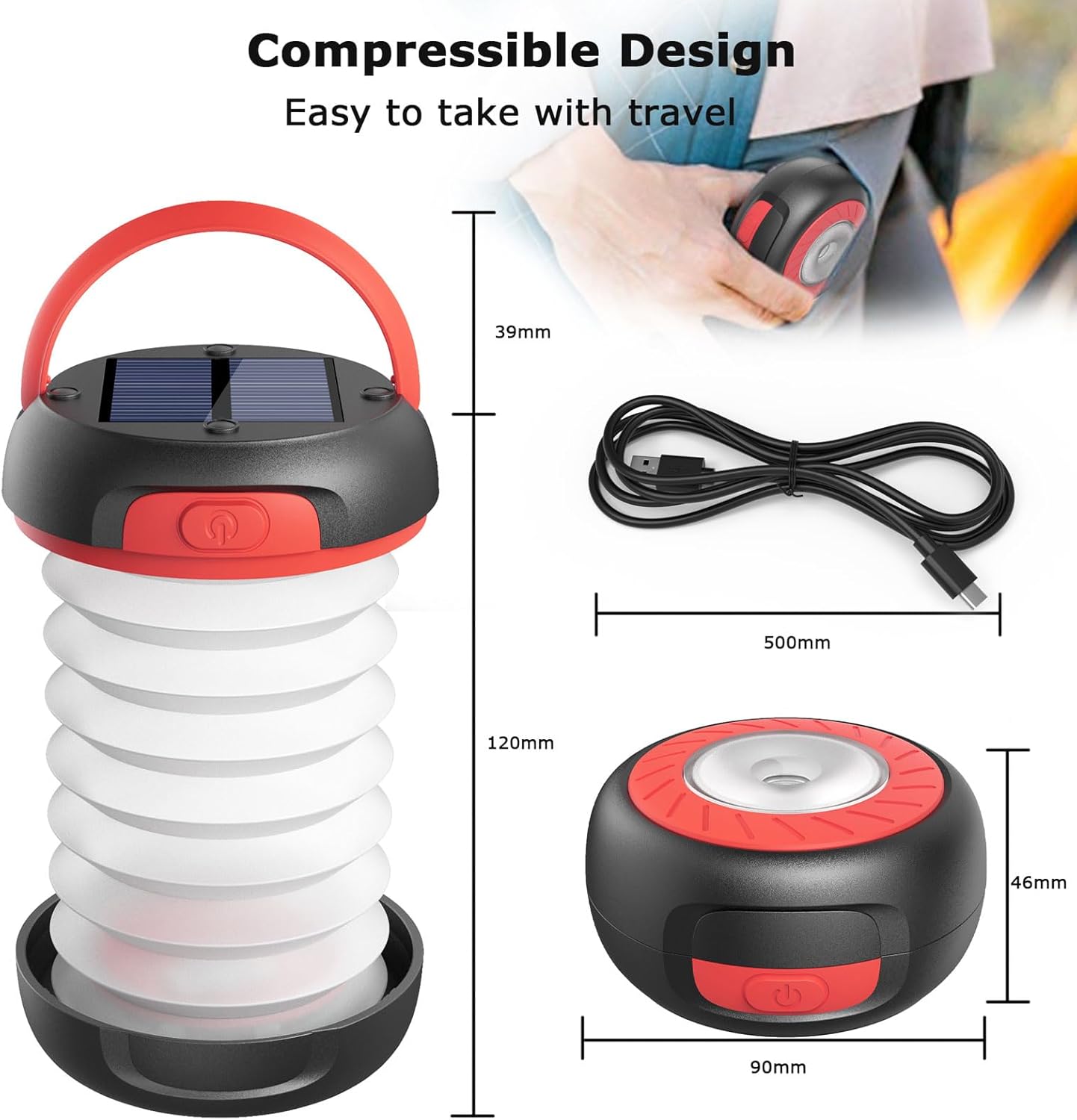 GlobaLink LED-Campinglampe, faltbare Solar-Campinglaterne, Energiebank mit 2 Lademethoden (Solar/USB C) und 3 Lichtmodi für Camping, Angeln, Notfall, inklusive Survival-Armband mit Pfeife (rot) – Bild 2