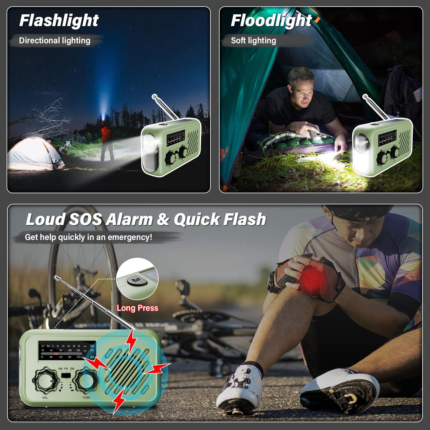 Kurbelradio-Notfall-Weltempfänger-Testsieger, wiederaufladbares Notfallradio mit Kurve und Solar, kleines Radio mit 2000-mAh-Powerbank, LED-Taschenlampe, SOS-Alarm, SW/AM/FM-Kofferradio, Outdoor-Tasche – Bild 3