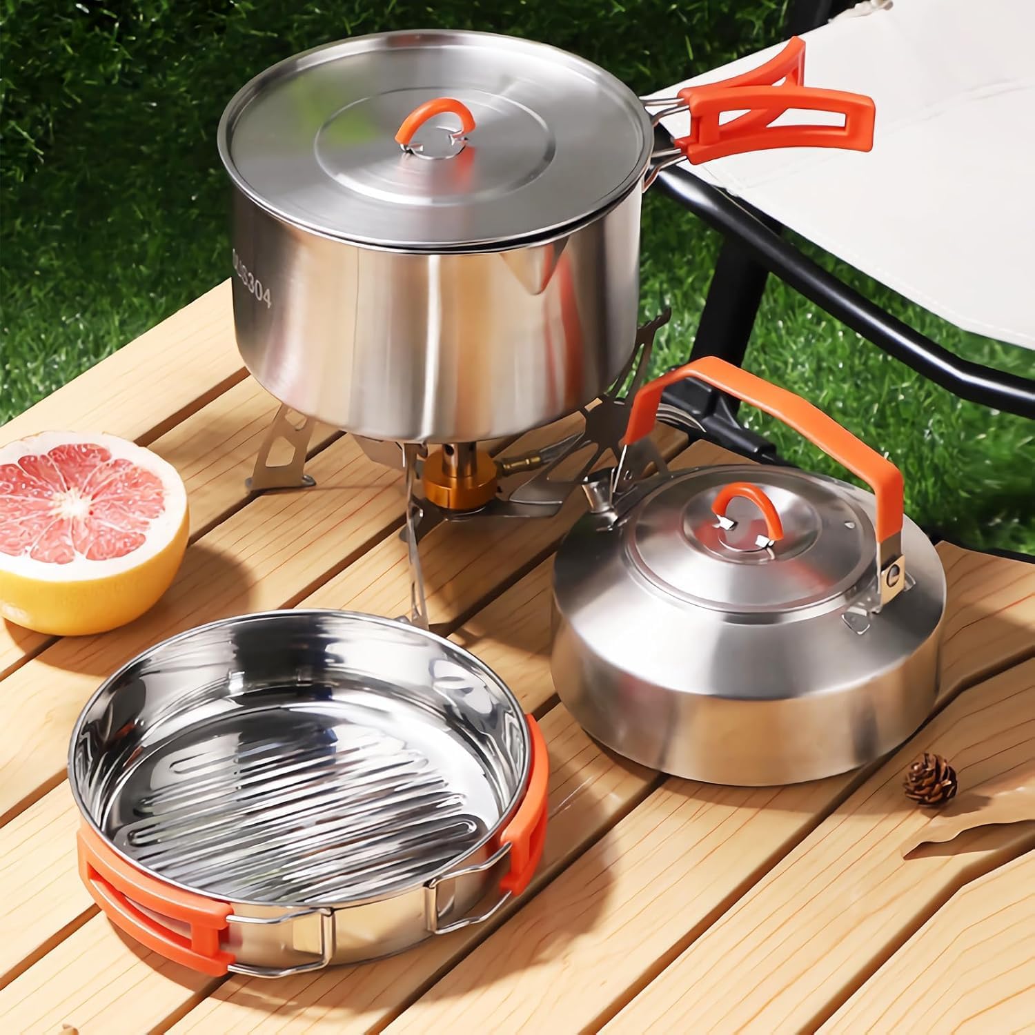 Camping-Kochset, Camping-Kochgeschirr-Set, Camping-Töpfe und Pfannen-Set aus Edelstahl 304, inklusive antihaftbeschichteter Bratpfanne, Wasserkocher in Netztasche zum Wandern, Outdoor-Kochrucksack für 1–2 Männer – Bild 7