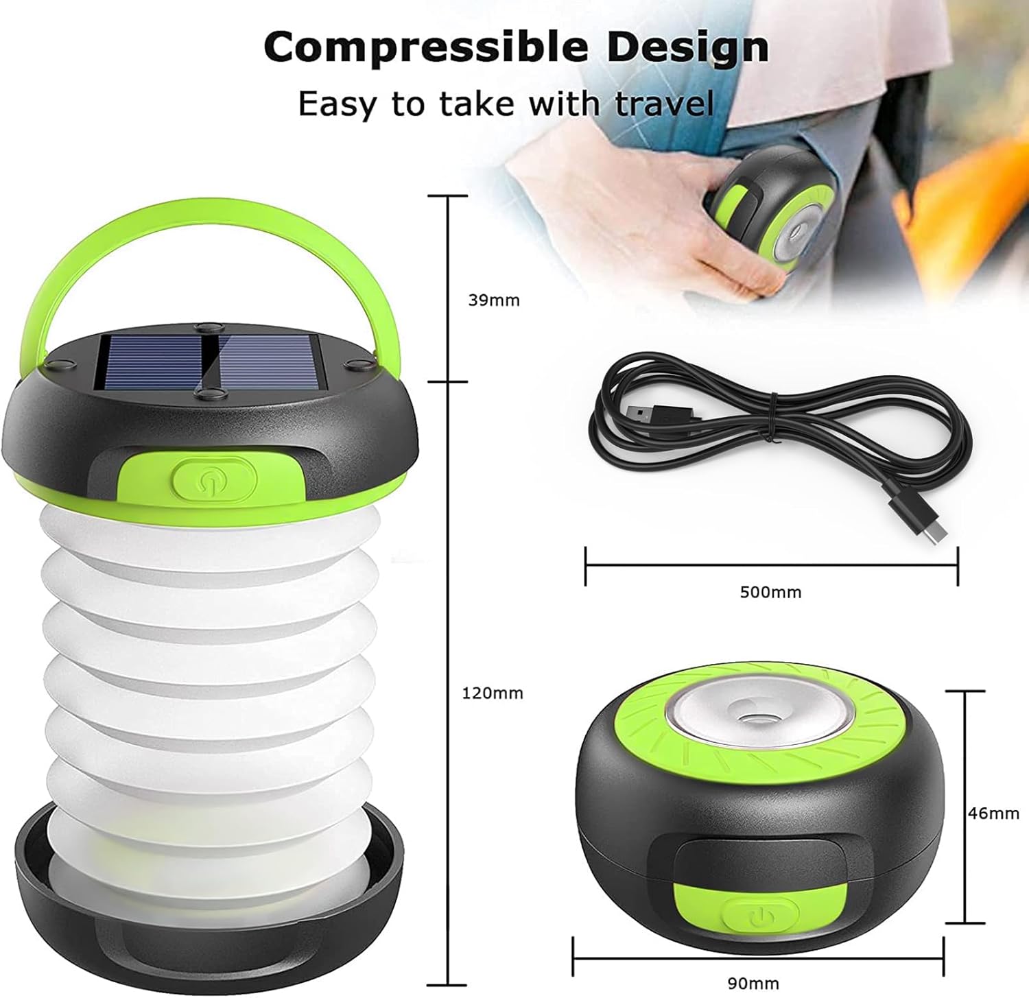 GlobaLink LED-Campinglampe, faltbare Solar-Campinglaterne, Energiebank mit 2 Lademethoden (Solar/USB) und 3 Lichtmodi für Camping, Angeln, Notfall, inklusive Survival-Armband mit Pfeife (grün) – Bild 2