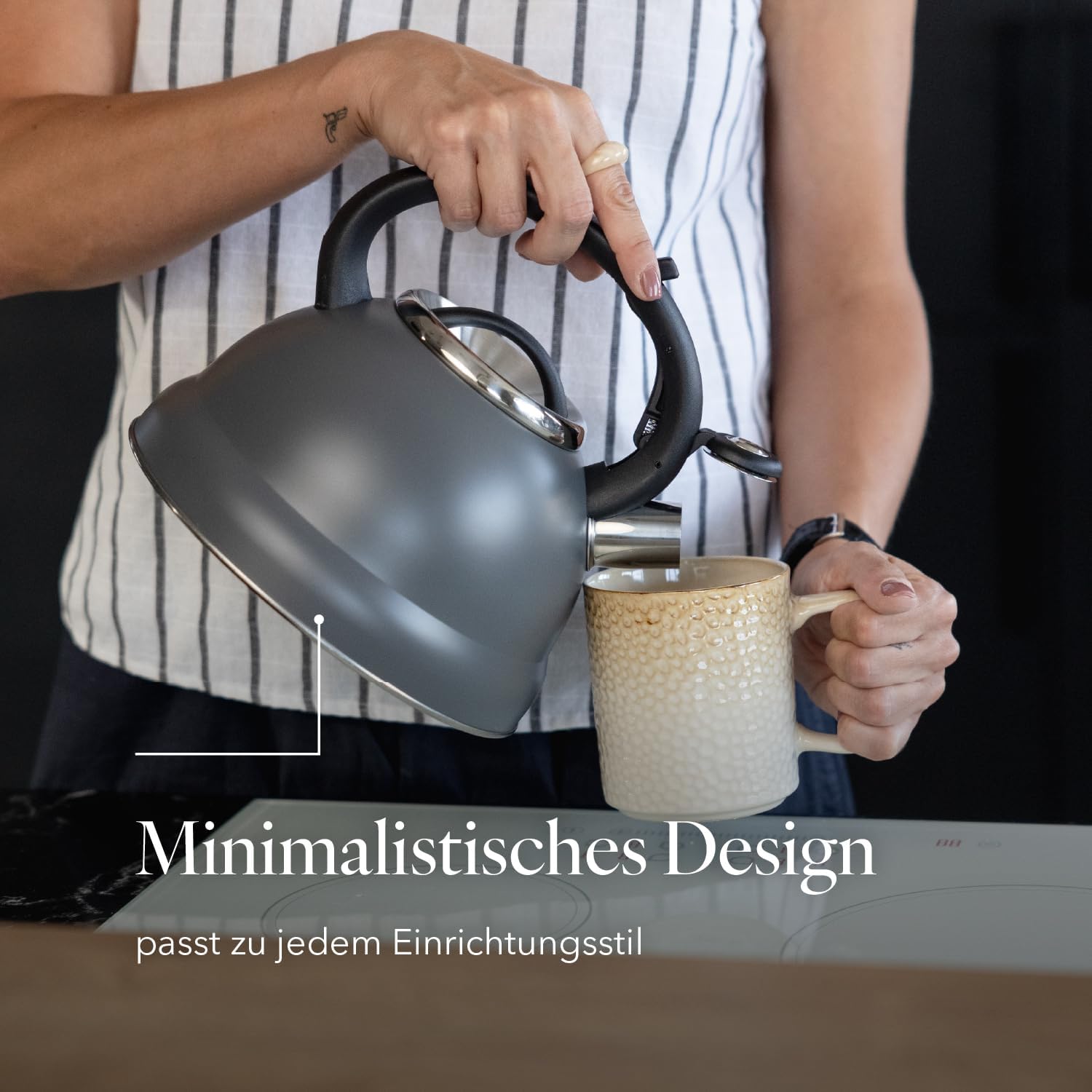FLORINA JACOB Wasserkocher (2,5 L) | Teekessel aus Edelstahl | Pfeifkessel mit Bakelitgriff und Pfeifgeräusch | Pfeifkessel für Tee und Kaffee | Geeignet für alle Herdarten | Farbe: Grau – Bild 4