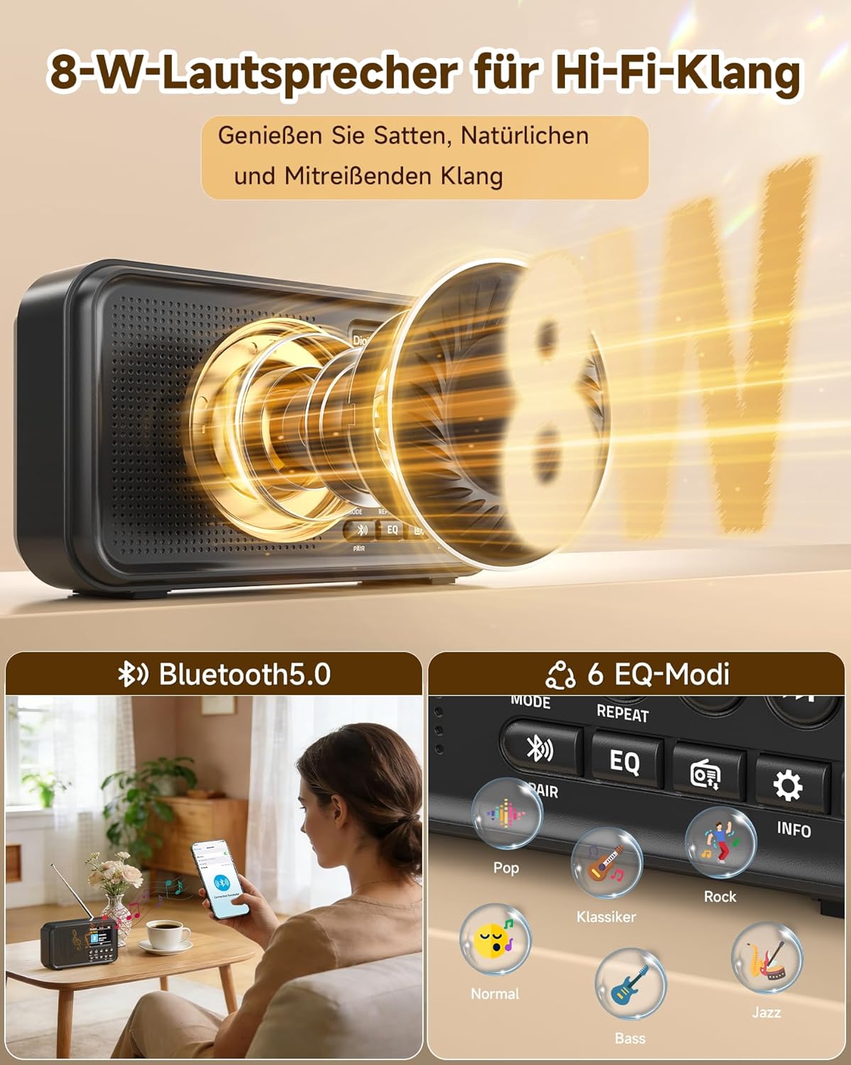 Roxicosly Tragbares DAB/DAB+-Radio, 80 Voreinstellungen, FM-Digitalradio mit 3000-mAh-Akku, Küchenradio mit Bluetooth 5.0, EQ-Modi, Sleep-Timer, Schlummerfunktion, TF/3,5-mm-AUX-Anschluss, Doppelalarm – Bild 3