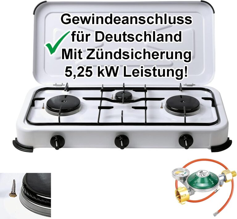 Bluecraft Gasherd 3-flammig 5,25 kW Zünd-Sicherheitsmanometer-Set | Campingkocher mit Gasregler 50 mbar, Gasschlauch und Zubehör für Gasflasche, Outdoor-Küche, Garten, Freizeit & Boot