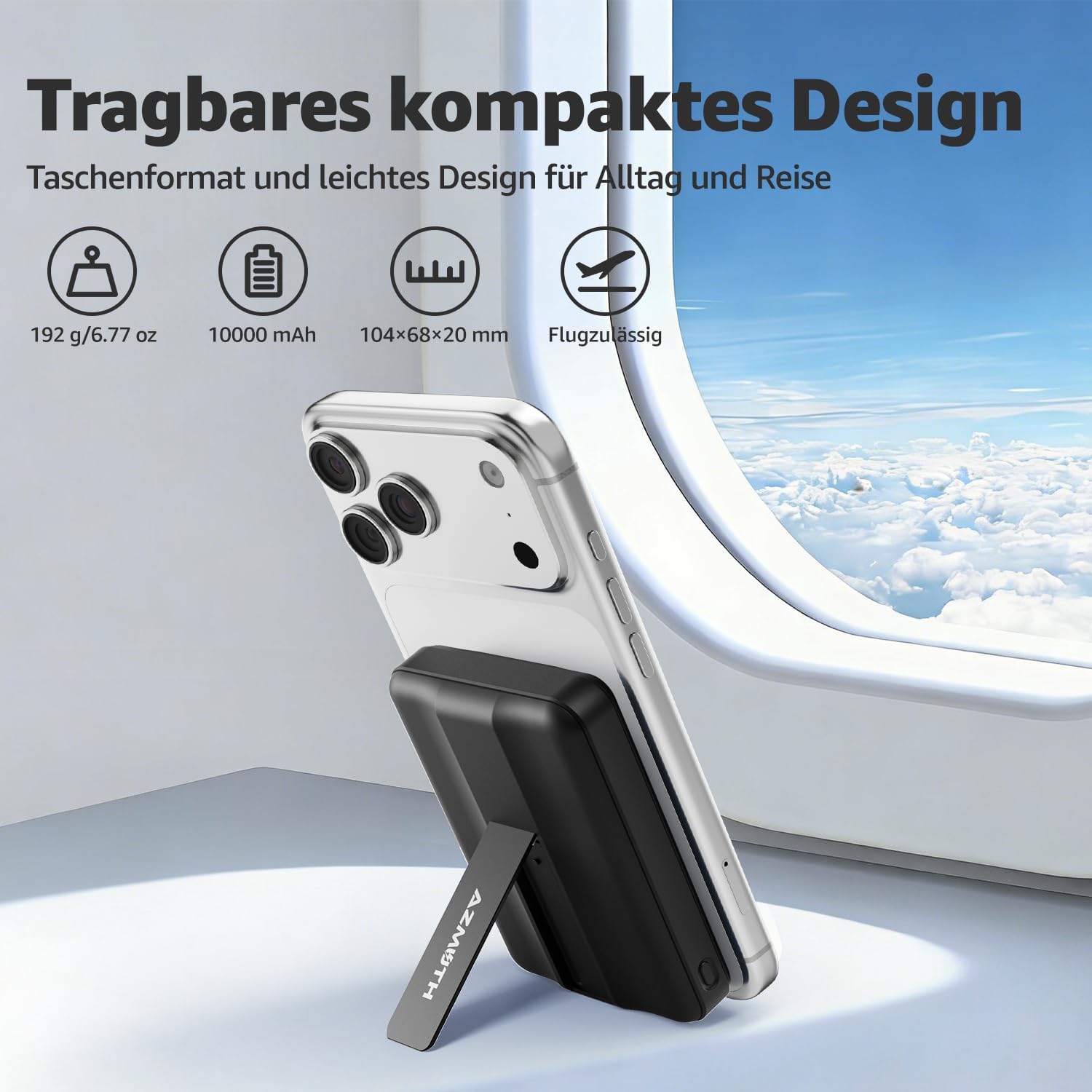 Azmuth Magsafe Powerbank 10000 mAh kabellos magnetisch für iPhone 17-12 | Kabellose Powerbank mit USB-C-Eingang und -Ausgang, 22,5 W USB-A, Klappständer und LED-Bildschirm für iPhone 17/16/15/14/13/12 – Schwarz – Bild 4