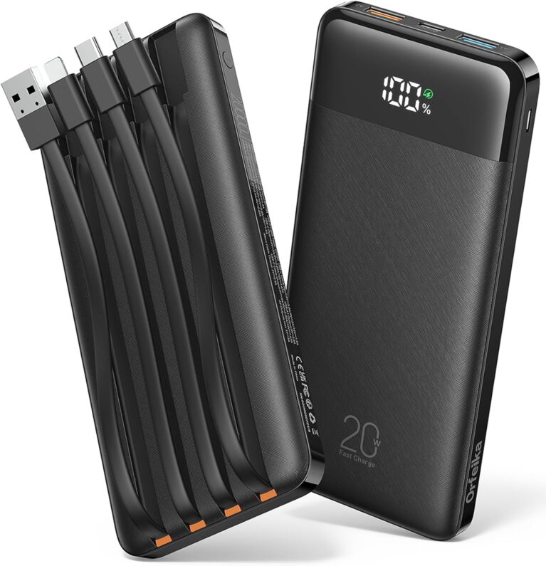 Orfeika Powerbank 20000 mAh, PD 20W Powerbank mit Schnellladefunktion | 4 integrierte Kabel, 4 Anschlüsse, LED-Display, Flugzeugkompatibel, Akkupack für iPhone/Samsung/iPad/iPods/Android und mehr