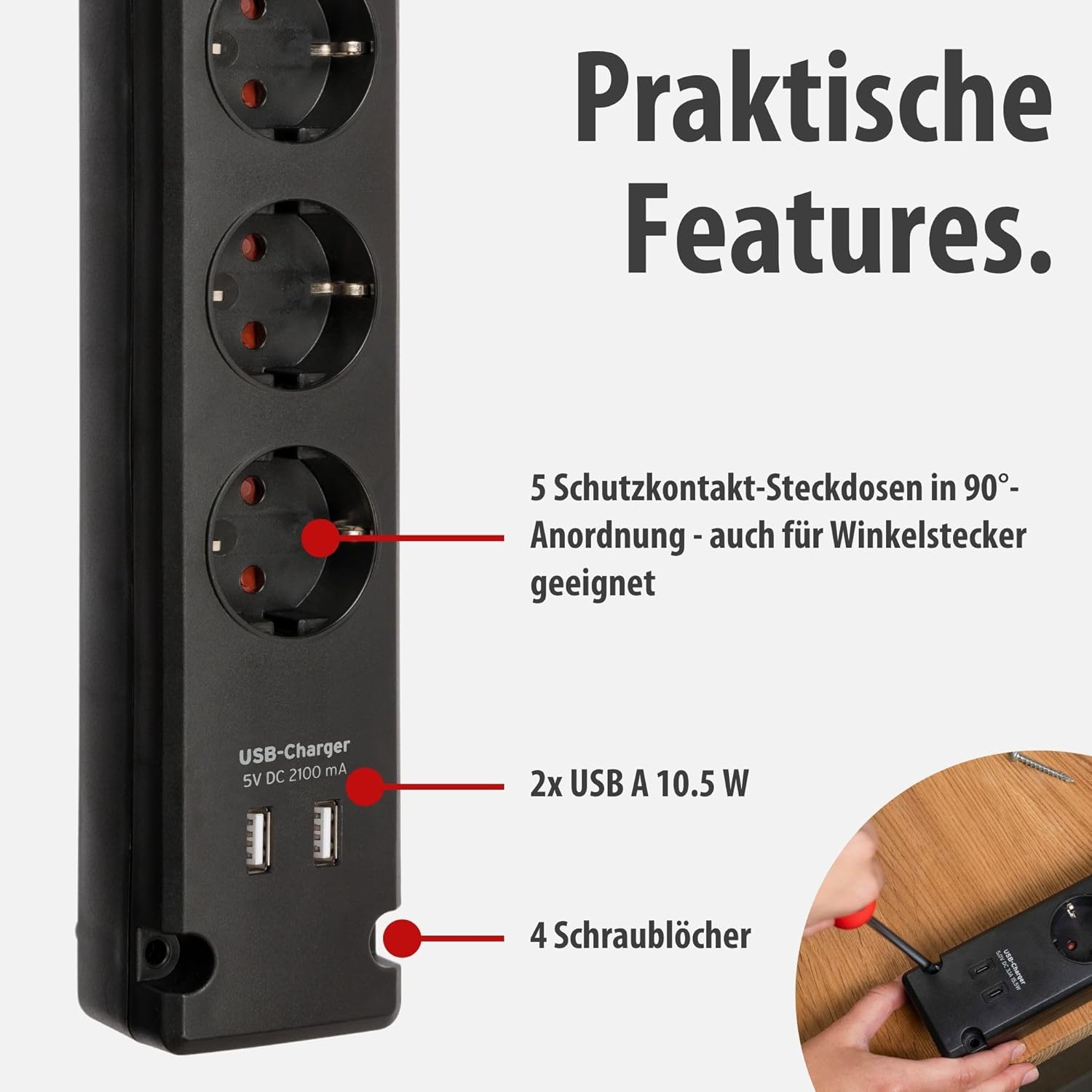 Brennenstuhl Bremounta Steckdosenleiste, 5-fach Steckdosenleiste mit USB-Ladefunktion (Mehrfachsteckdose mit 90-Grad-Steckdosen, Steckerleiste mit Montagemöglichkeit und 3 m Kabel), schwarz | Mehrfachsteckdose mit 90-Grad-Steckdosen, Steckdosenleiste mit Schalter, Montagemöglichkeit und 3 m Kabel, schwarz – Bild 3