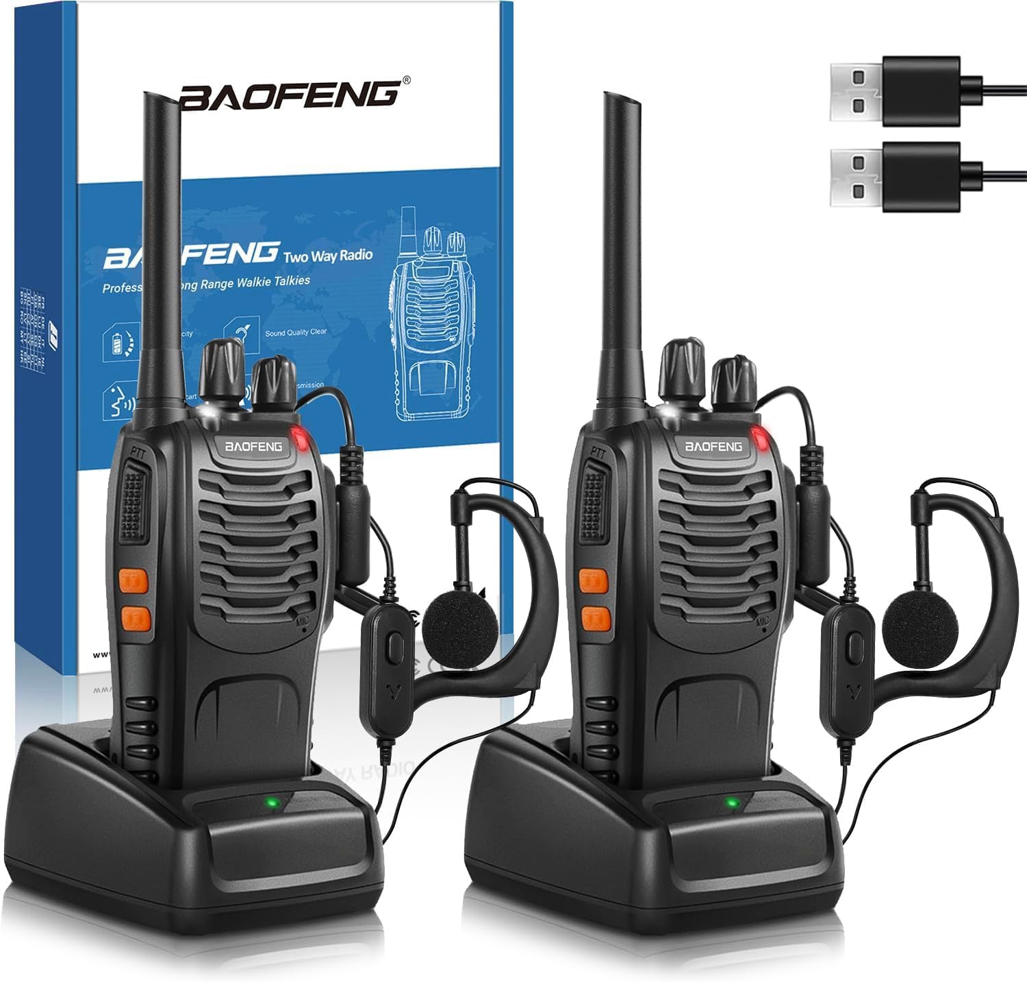 Professionelles Walkie-Talkie für Erwachsene mit großer Reichweite, wiederaufladbarem Akku, 16-Kanal-Funkgerät, USB-Ladegerät und Ohrhörer mit VOX (schwarz, 1 Paar)