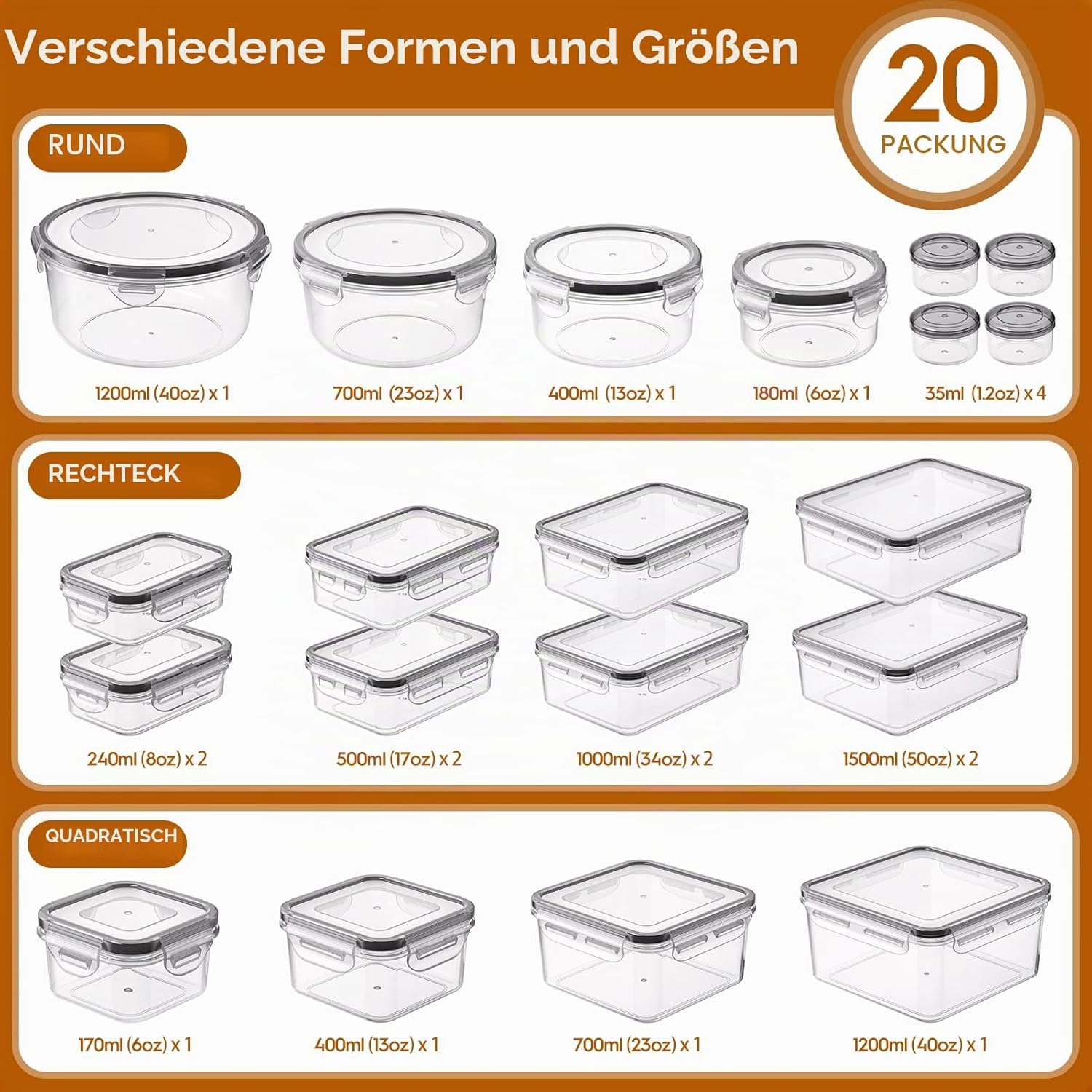 KEMETHY Frischhaltedosen mit Deckel, 40-teiliges Vorratsbehälter-Set (20 Behälter & 20 Deckel), Meal-Prep-Boxen, auslaufsichere Aufbewahrungsbox mit Deckel Küche mit Etiketten und Markierungsstift – Bild 2