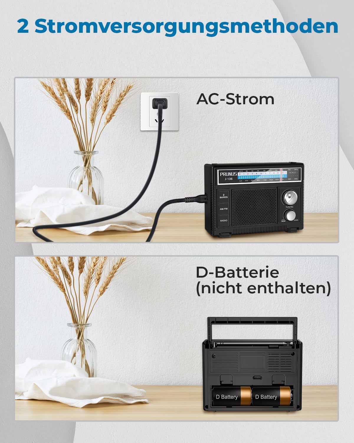 Prunus J-136 AM FM FM Radio Kleines Kofferradio mit AUX/Mikrofonanschluss | Tragbare Radios mit Batterie- oder Wechselstrombetrieb, einfache Radios für Senioren. – Bild 3