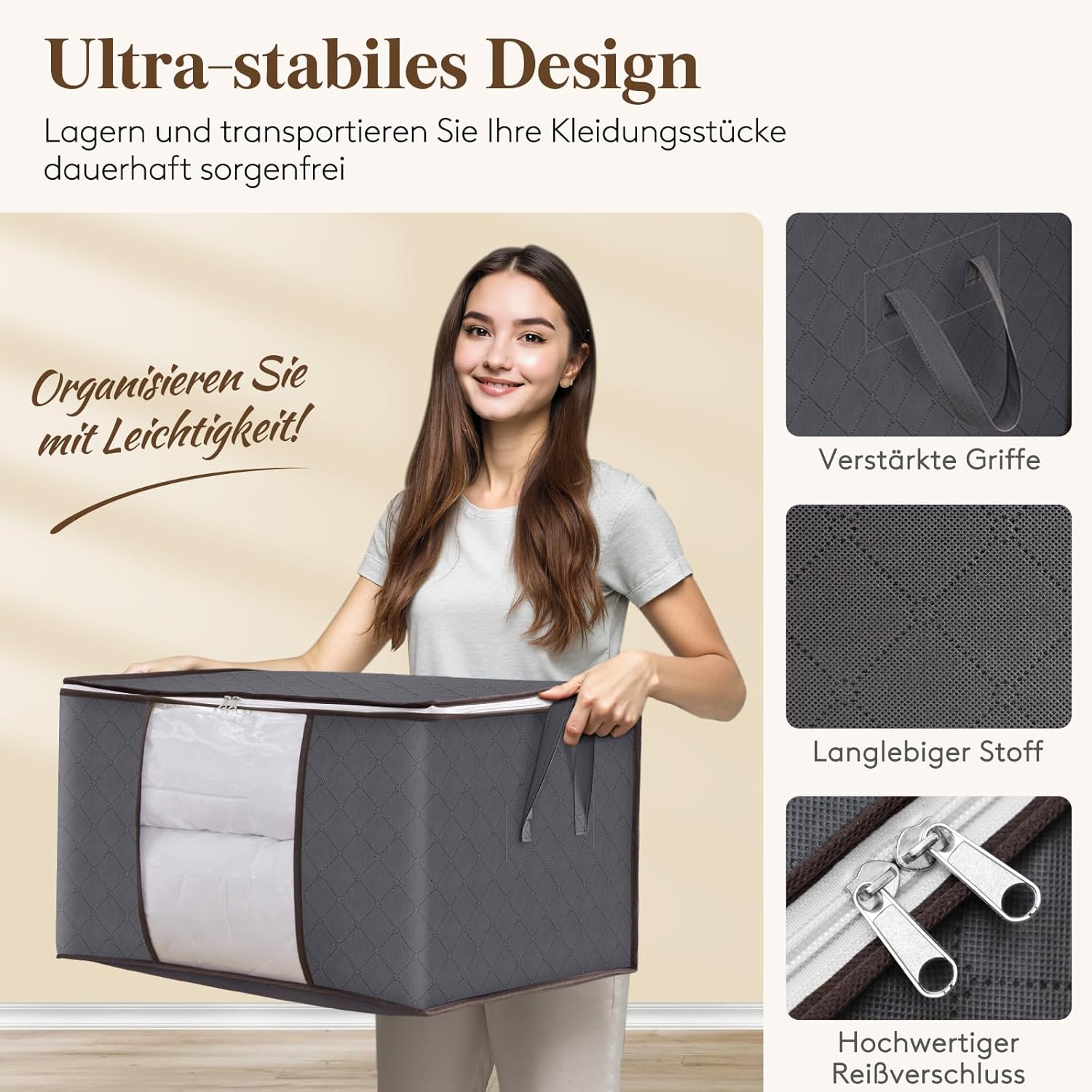 Lifewit 4 Stück Aufbewahrungstaschen, Aufbewahrungsboxen mit Deckel, Kleiderschrank-Organizer, faltbare Kleideraufbewahrung, Umzugskartons mit verstärktem Griff für Bettdecken, Kleidung, Decken, Grau, 60 l – Bild 5