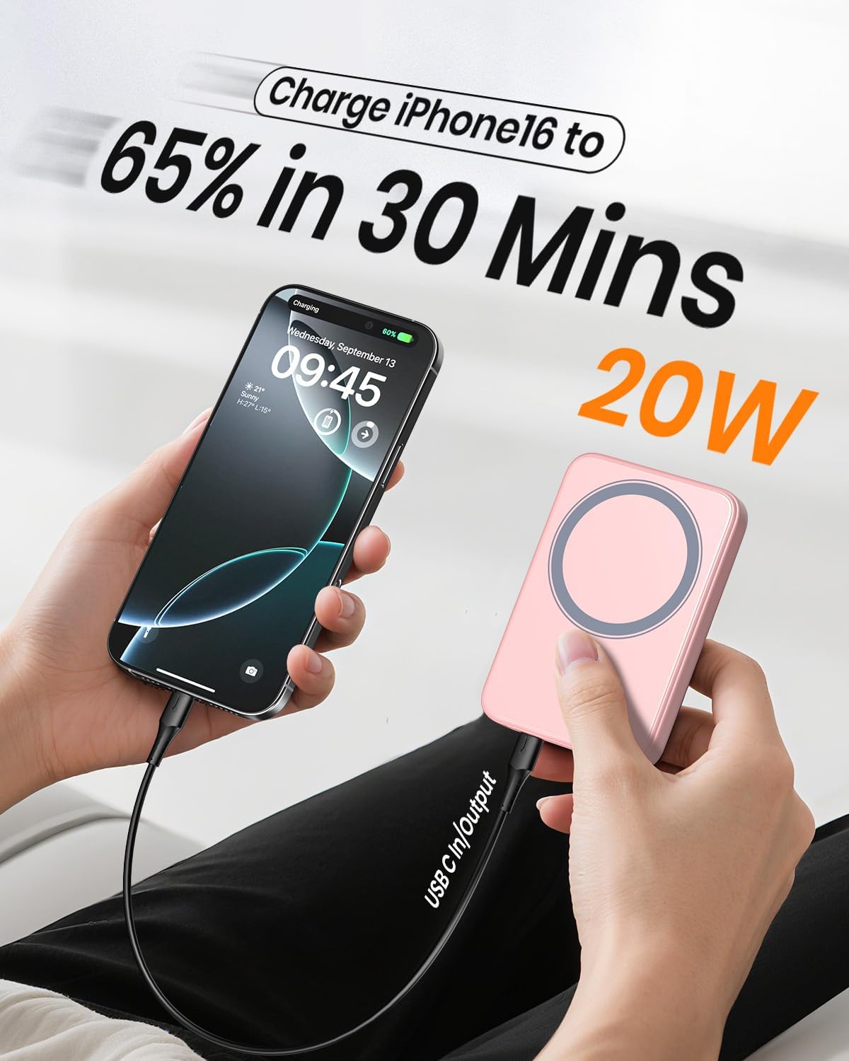A ADDTOP Magnetische Powerbank 10000 mAh – 20 W Schnelllade-iPhone-Ladegerät für magnetisches, ultraschlankes kabelloses tragbares Ladegerät mit USB-C-Ein- und Ausgang, LED-Display-Akku für iPhone 17/16/15/14/13/12, Pink – Bild 4