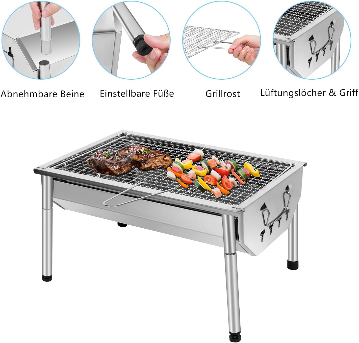 Holzkohlegrill aus Edelstahl, zusammenklappbare Outdoor-BBQ-Grills, tragbarer Campinggrill – drei Größen – Bild 3