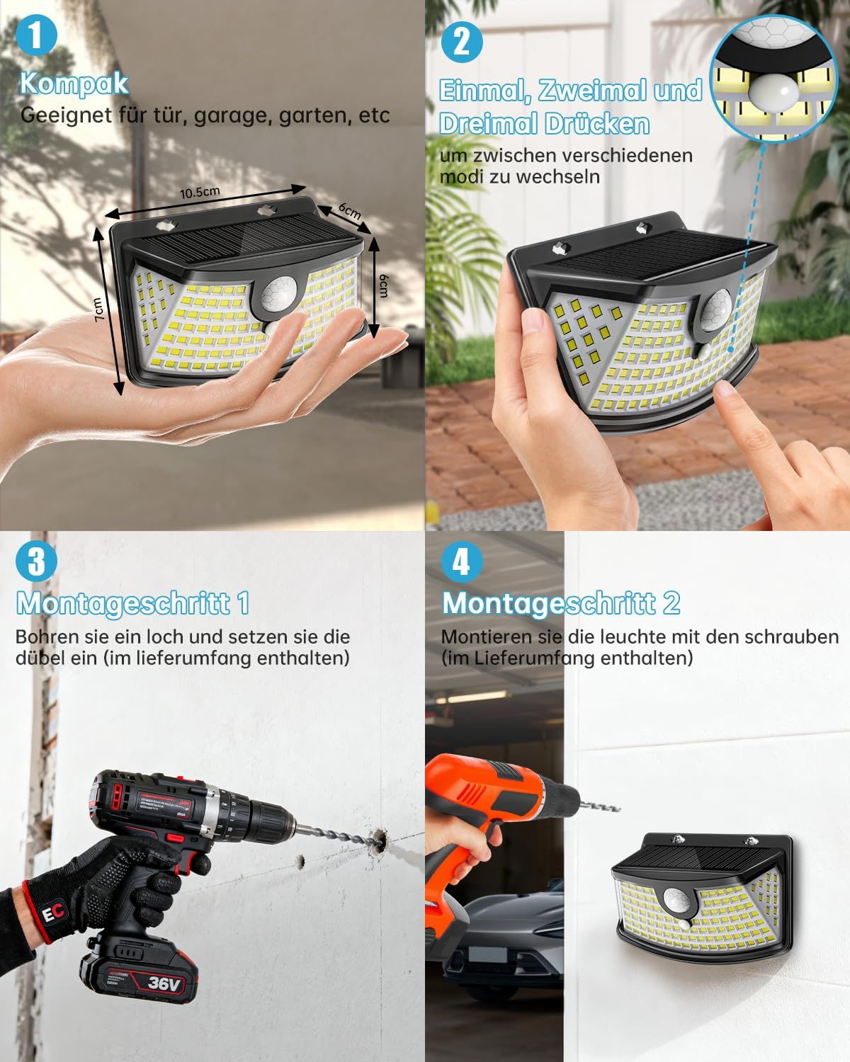 Aootek Solarleuchten für den Außenbereich, Bewegungsmelder, 4 Stück, Garten, 120 LEDs | 270° Weitwinkel, IP65 wasserdicht, Solar-Wandleuchte, Sicherheitsleuchte, Gartenbeleuchtung, schwarzer Rahmen, Kaltweiß – Bild 5