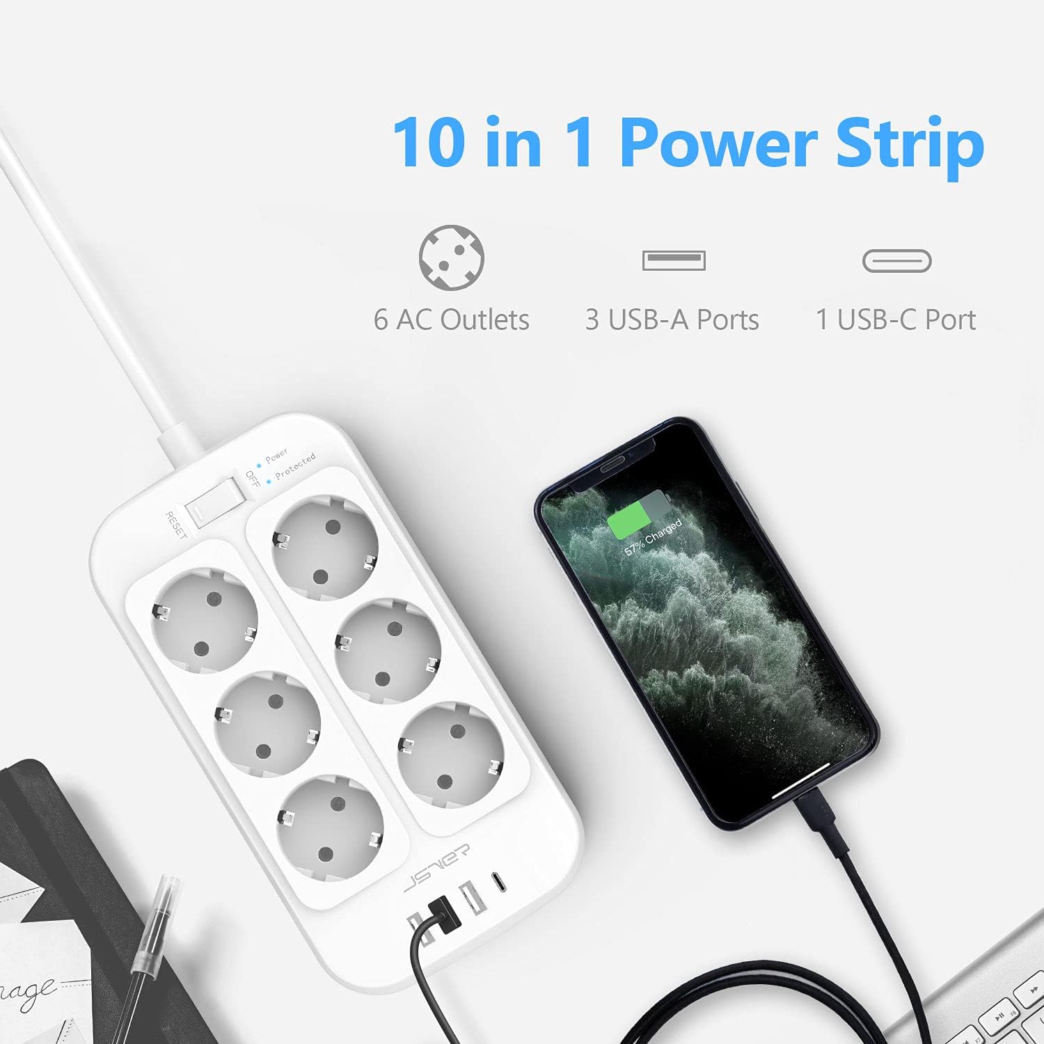 JSVER Steckdosenleiste 6 Fächer mit 4 USB-Ladeanschlüssen, Mehrfachsteckdose mit USB C, Wandmontage (3680 W), Überspannungsschutz mit 2 m Kabel, Verlängerungskabel für Smartphones, Laptop, Weiß – Bild 2