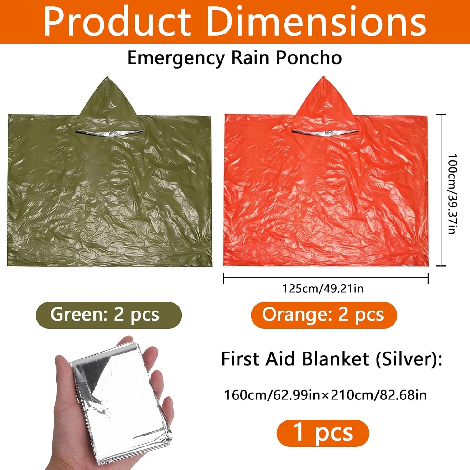 4 Stück Notfallponcho, Regenponcho, Rettungsdecke, Biwaktasche, hält warm und trocken, Notfallausrüstung, geeignet für Wandern, Camping, Wandern und Notfälle (Orange/Grün) – Bild 2