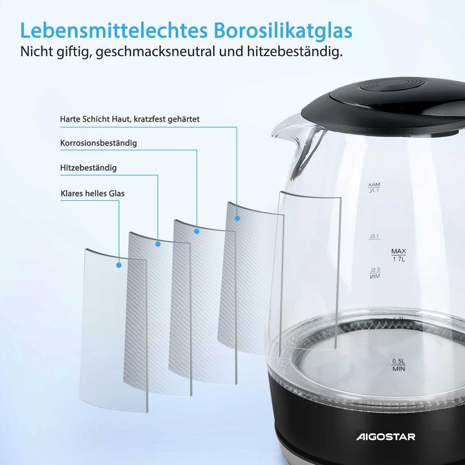 Aigostar Eve 30GON Glaswasserkocher mit LED-Beleuchtung, 2200 Watt, 1,7 Liter, Koch-Trockenschutz, BPA-frei, Weiß -, Adam – Bild 11