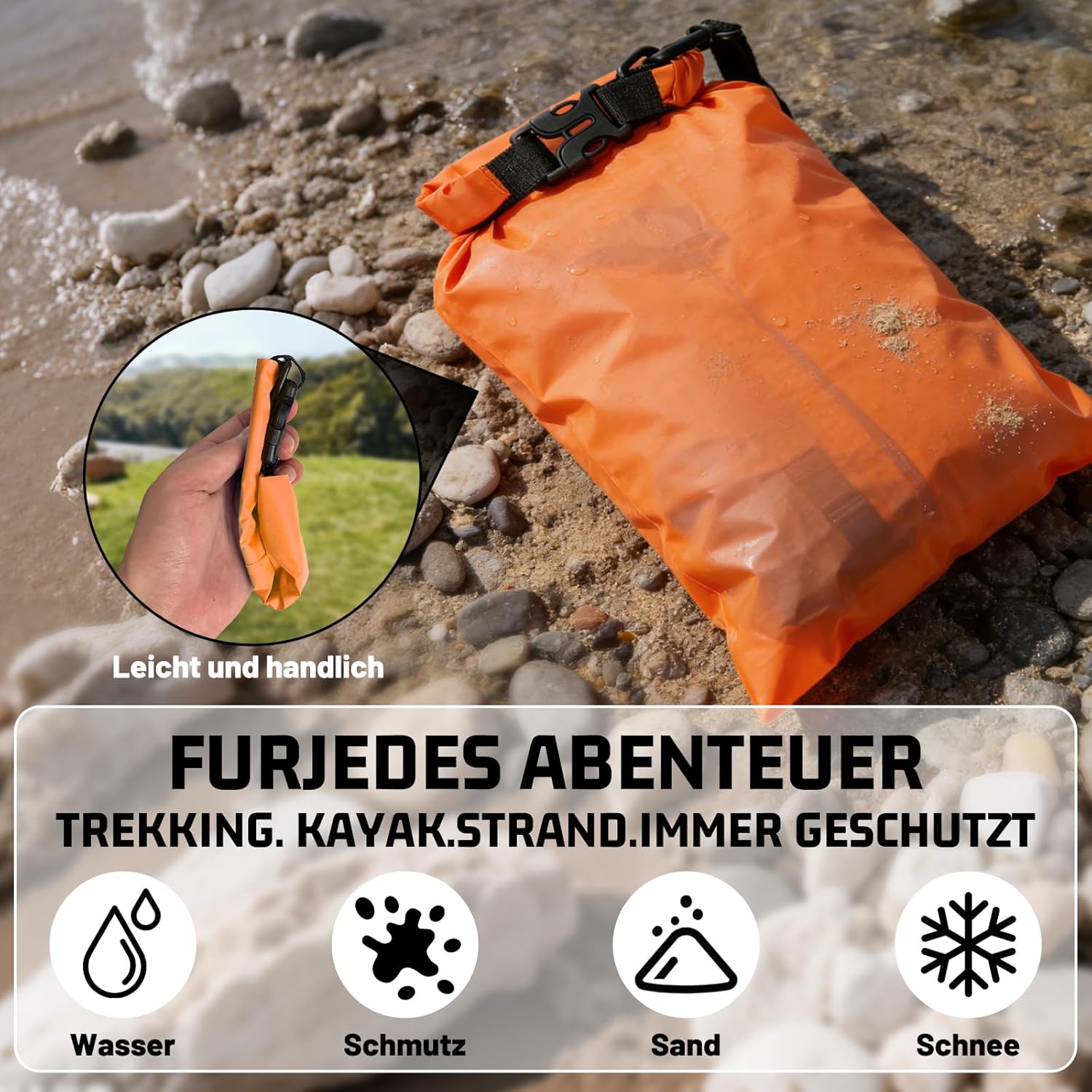 Trockentaschen-Set mit 6 wasserdichten Taschen – 1,5 l, 2,5 l, 3 l, 3,5 l, 5 l, 8 l, wasserdichte Tasche und Packtaschen mit verstellbarem Riemen, schützt das Telefon | Perfekt für Outdoor- und Wassersport | Ultraleicht und robust – Bild 3