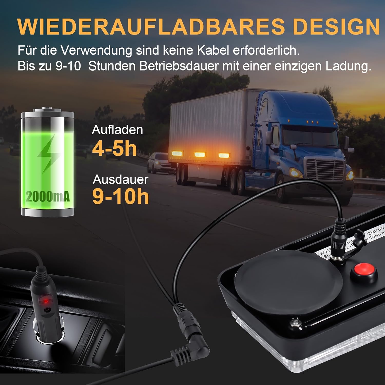 Dinfu LED-Warnleuchte, Batterie mit Fernbedienung, 12 V, gelbes Blinklicht, Auto-Magnet, kabellos, 5 Modi, wiederaufladbar, tragbar, LED-Blitzlicht mit Ladekabel für Auto, LKW, Traktor, Auto, LKW – Bild 2