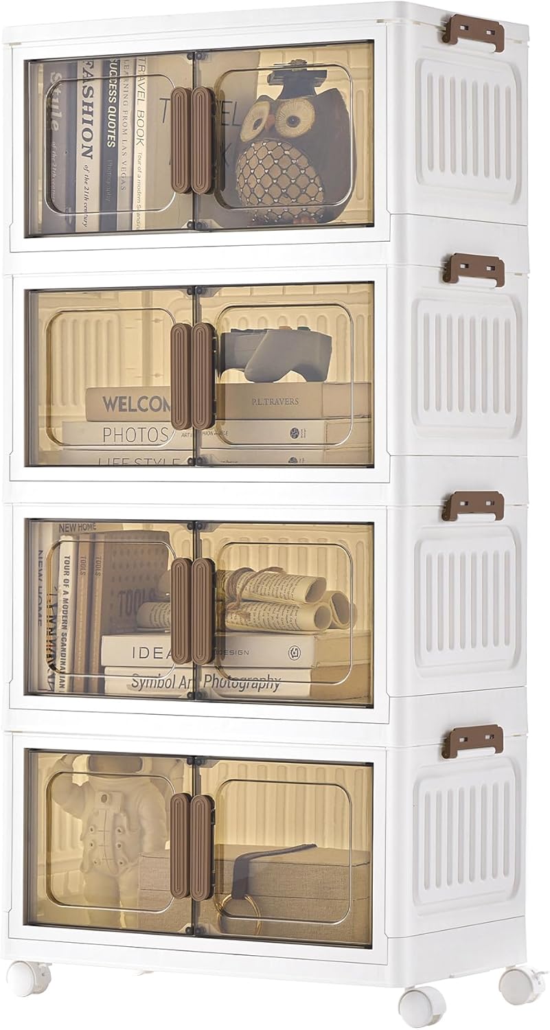 SONGMICS RLB445WZ01 4-stöckiger Organizer mit 1 Deckel, Stapelboxen auf Rollen, Kunststoffboxen, magnetische Tür, Ordnungsboxen, weiß, 25 l pro Ebene, 100 l insgesamt