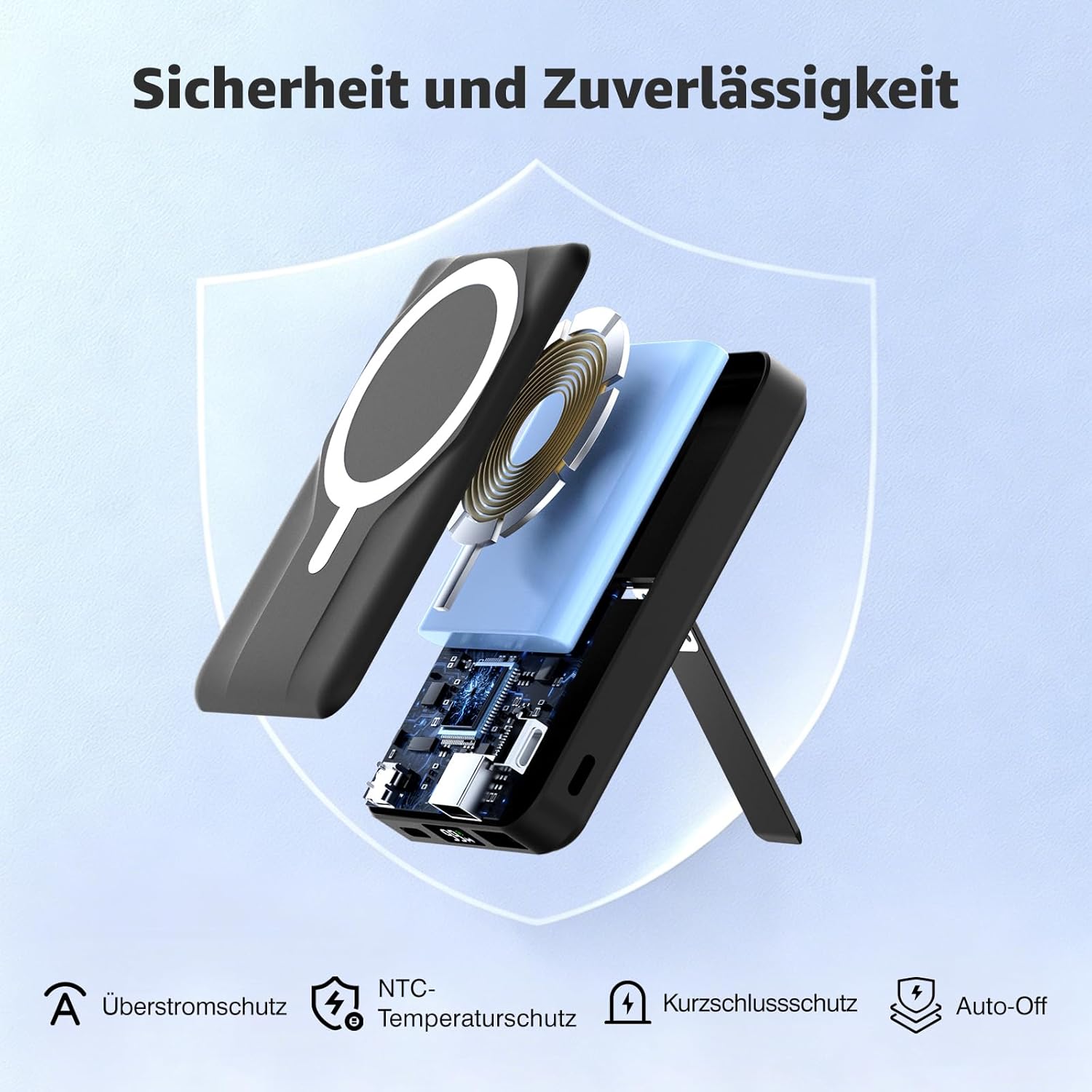 Azmuth Magsafe Powerbank 10000 mAh kabellos magnetisch für iPhone 17-12 | Kabellose Powerbank mit USB-C-Eingang und -Ausgang, 22,5 W USB-A, Klappständer und LED-Bildschirm für iPhone 17/16/15/14/13/12 – Schwarz – Bild 7