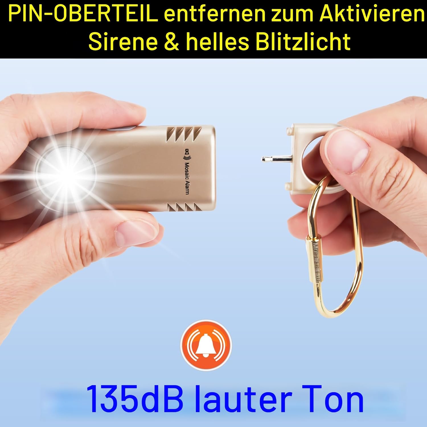 135 dB wiederaufladbarer persönlicher Alarm mit ultraheller Taschenlampe. Rutschfester Schlüsselanhänger, Notfallsirene für Frauen und Kinder. SOS-Sirenen- und Bärenabwehralarm zum Wandern. Gold – Bild 8