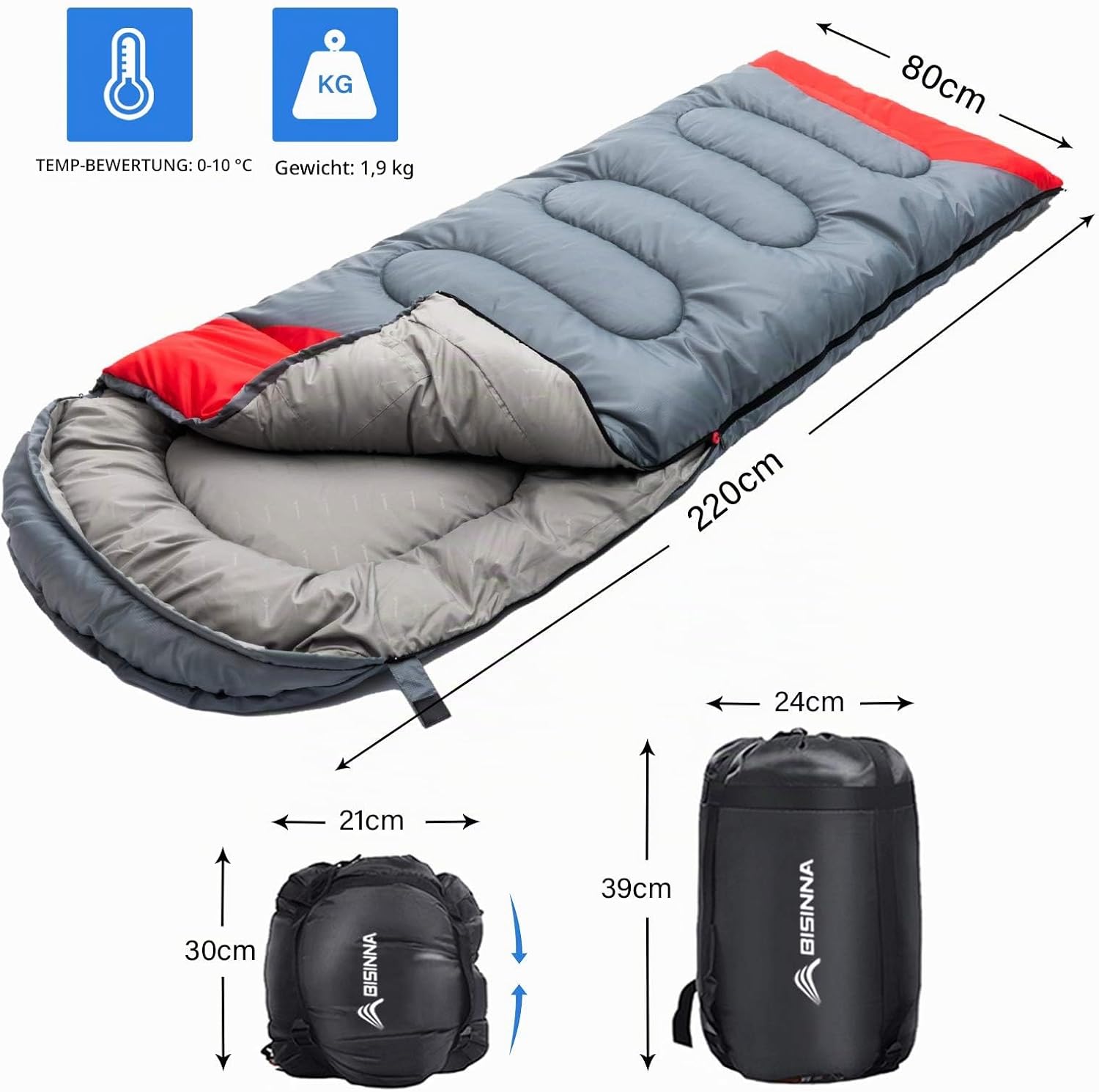 BISINNA Schlafsack 1,9 kg, 4 Jahreszeiten, wasserdichter, warmer Deckenschlafsack mit Kompressionsbeutel für Erwachsene, Damen, Herren, Outdoor-Camping, Wandern – Bild 2