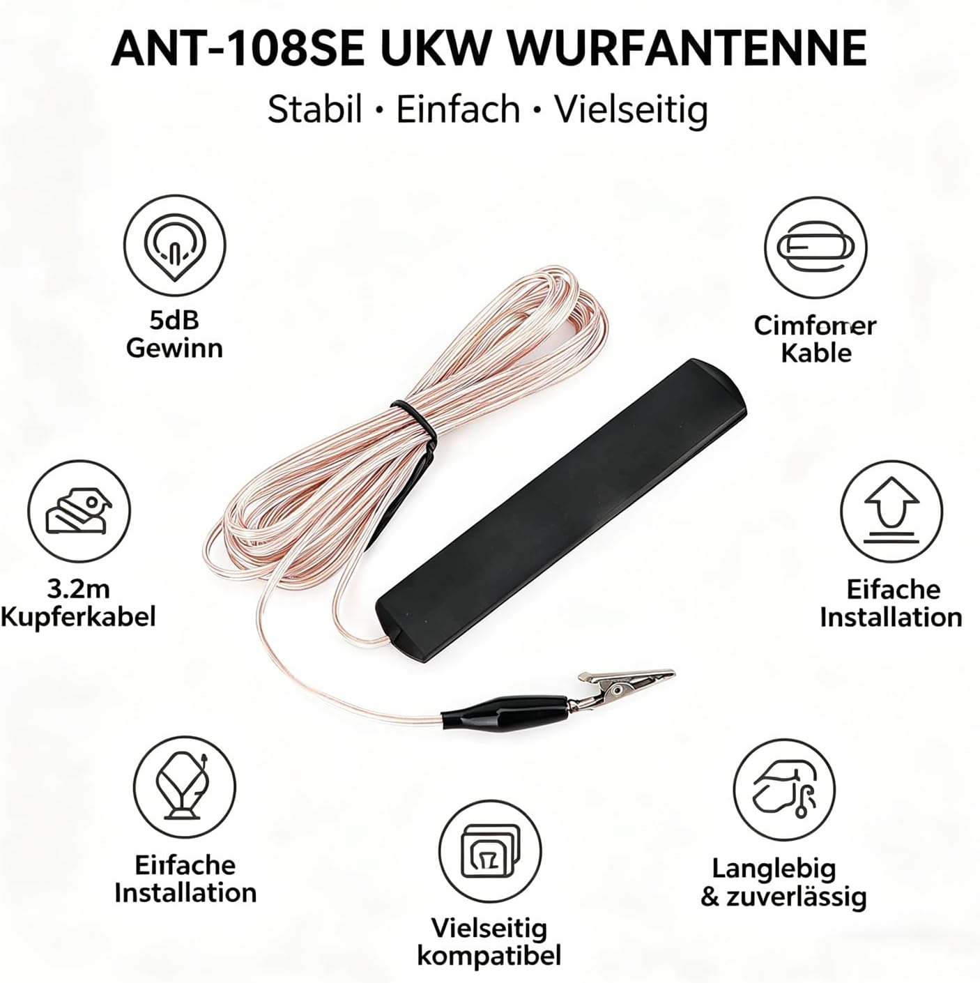 ANT-108SE Wurfantenne, 3,2 m, Kupferdraht, UKW-Antenne, Radio, 5 dB Verstärkung, Innenantenne FM, FM-Wurfantenne mit Klemme für Heim-Audio, Verstärker und AV-Receiver – Bild 7