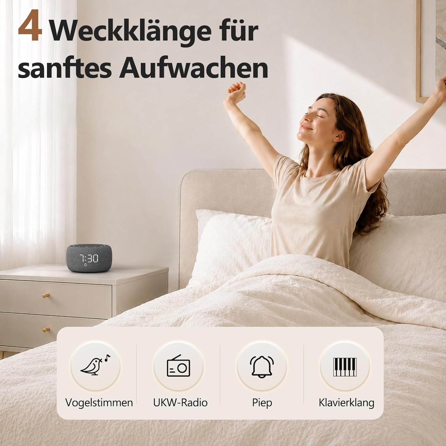 Buffbee Digitaler Radiowecker für Schlafzimmer – 7-Farben-Nachtlicht, High-Fidelity-Klangqualität mit nach oben gerichtetem Lautsprecher, 4 Alarmtöne, Vollbereichs-Display-Dimmer für den Nachttisch – Bild 5
