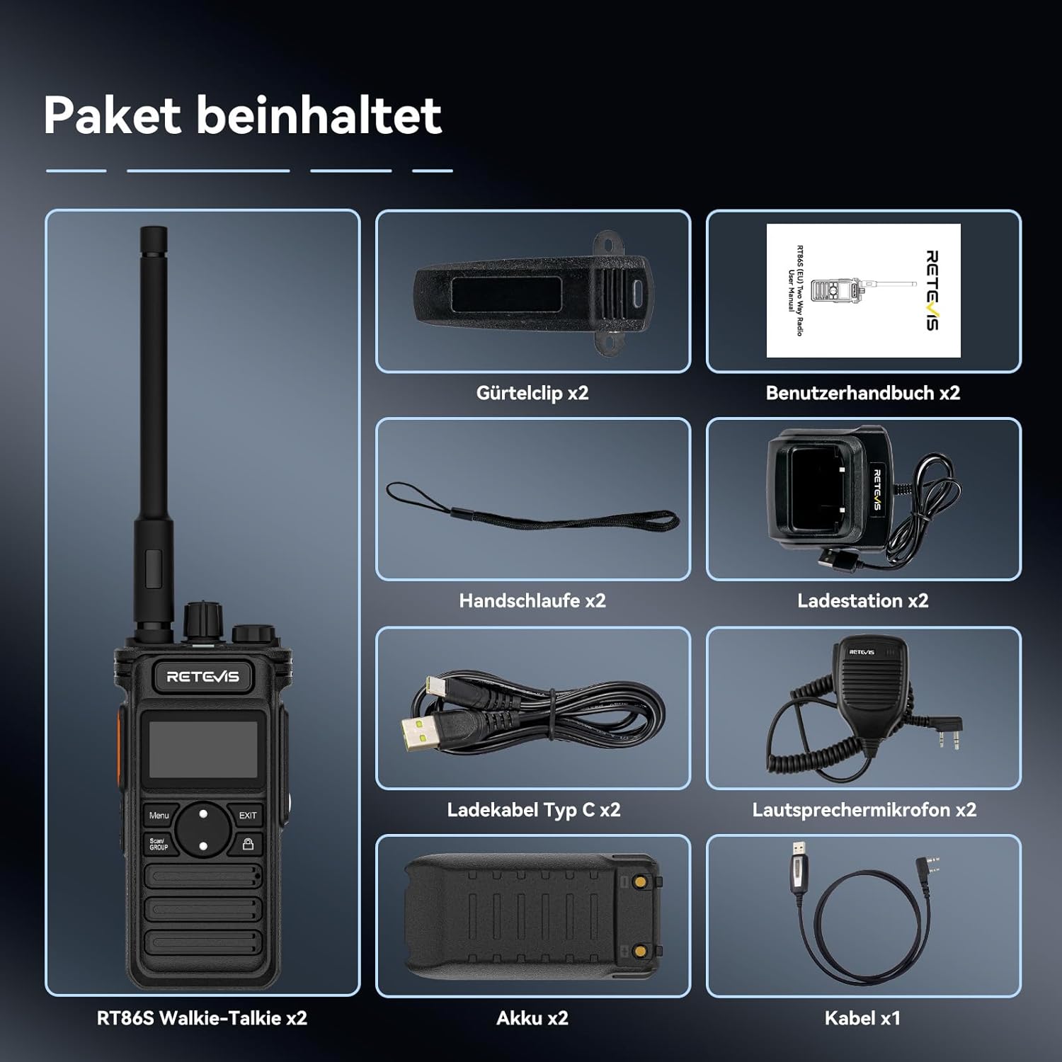 Retevis RT86S Walkie Talkies mit großer Reichweite, professionelle Funkgeräte der nächsten Generation RT86, Typ C, LCD, Gruppenruf, 2600 mAh, Handfunkgeräte für Logistik, Schulen (Schwarz, 2 Stück) – Bild 8