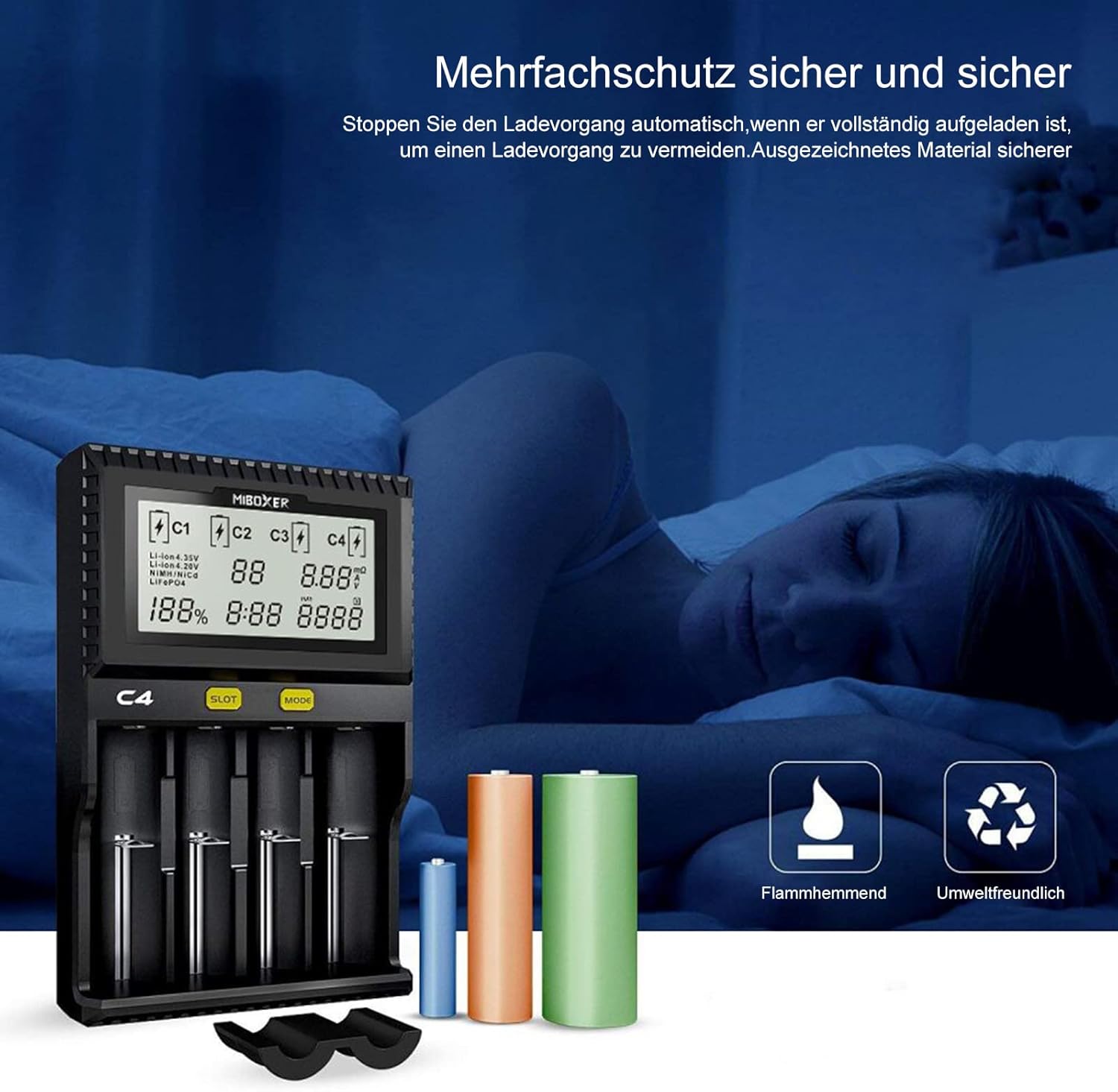 Universal-Akkuladegerät, 18650 Akkuladegerät mit 4 Steckplätzen, LCD-Display Akkus Ladegerät für Li-Ion LiFePO4 NI-MH NI-Cd AA AAA C 18350 18500 18700 20700 21700 26650 RCR123 – Bild 8
